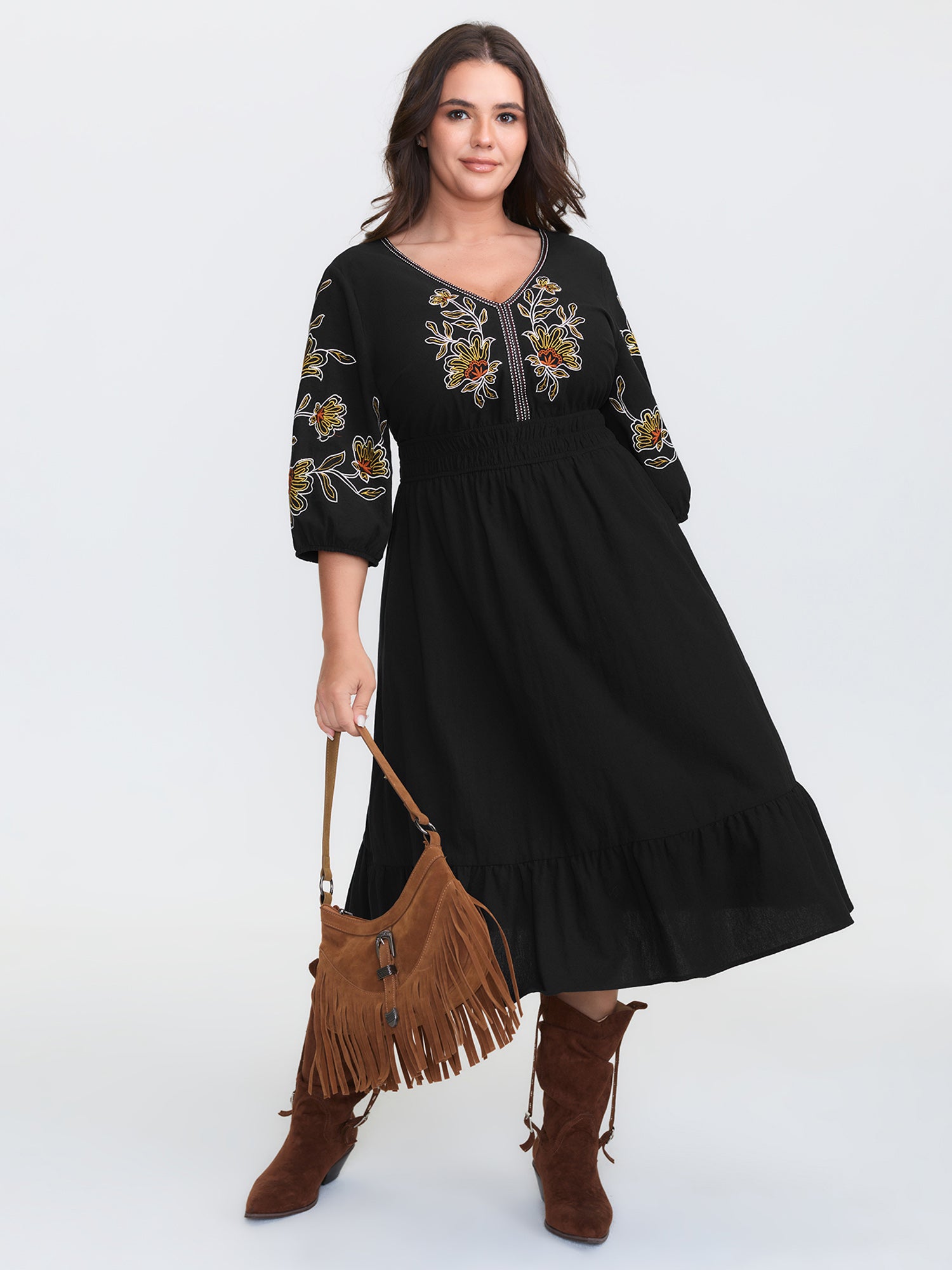 Floral Shirred Waist V-Neck Midi Dress