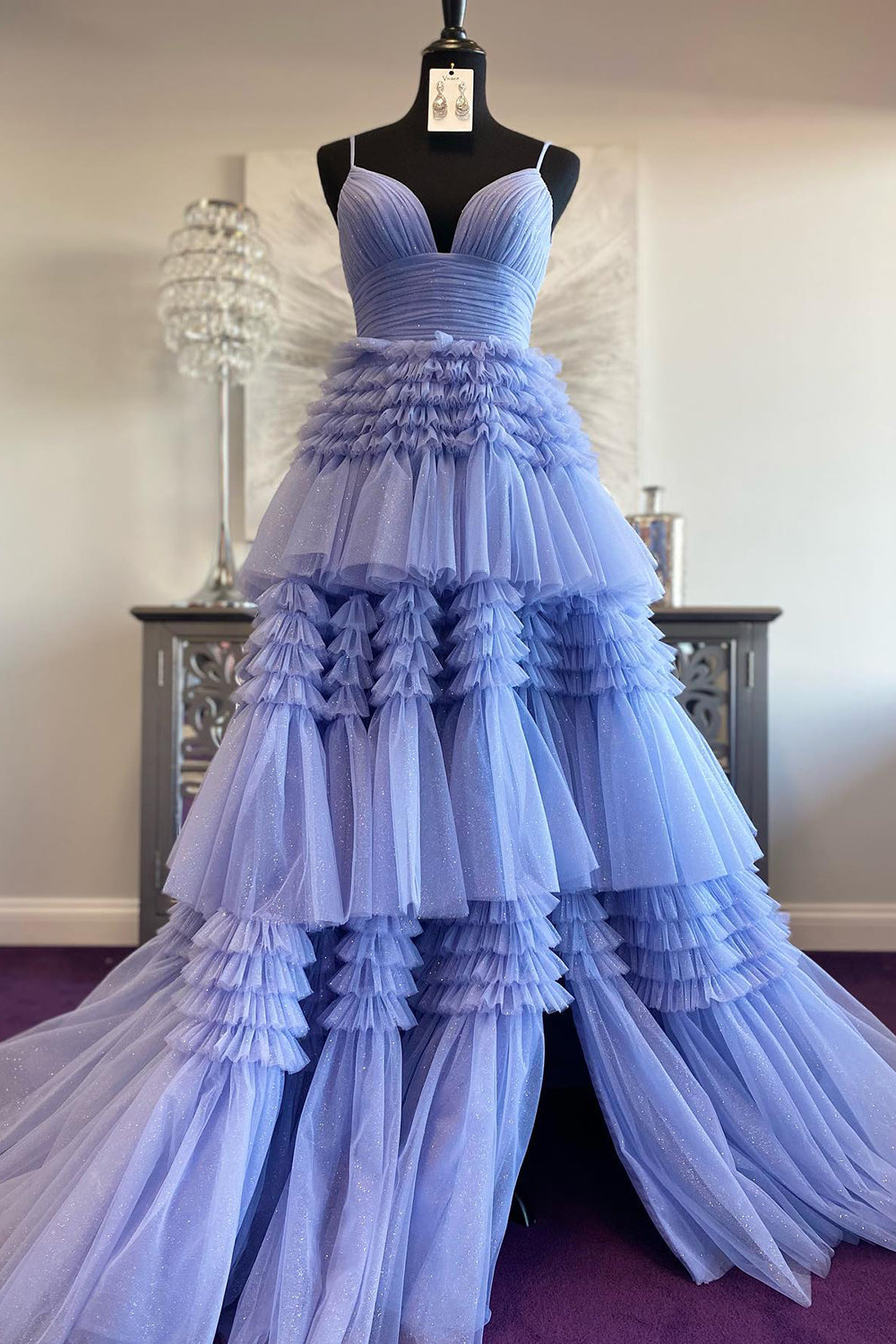 Long Prom Dress in Light Purple Tulle with Tiered Layers and Spaghetti Straps Featuring a Slit