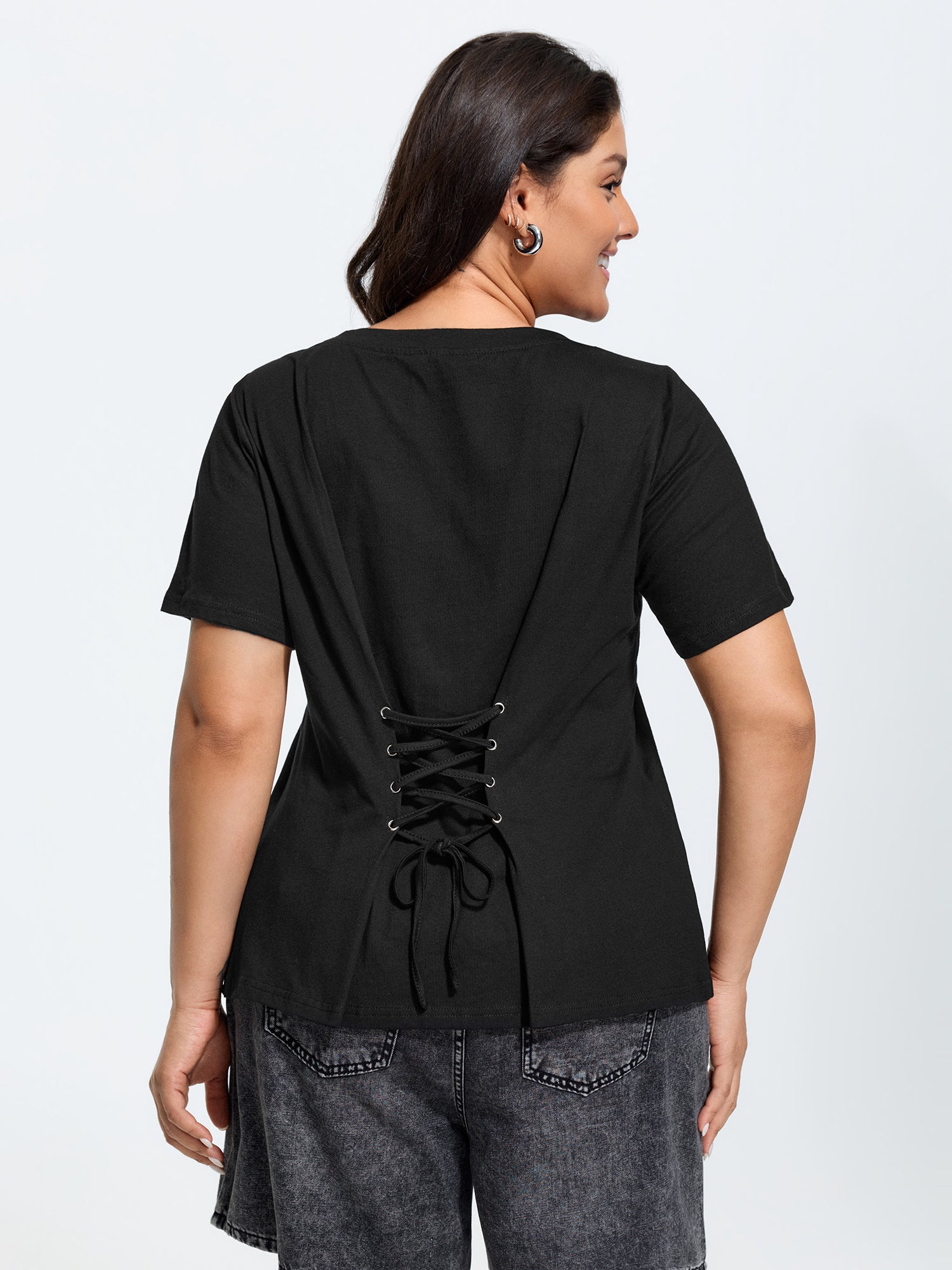 Cotton Natural Back Cross-Tie Curvy-Hem T-Shirt