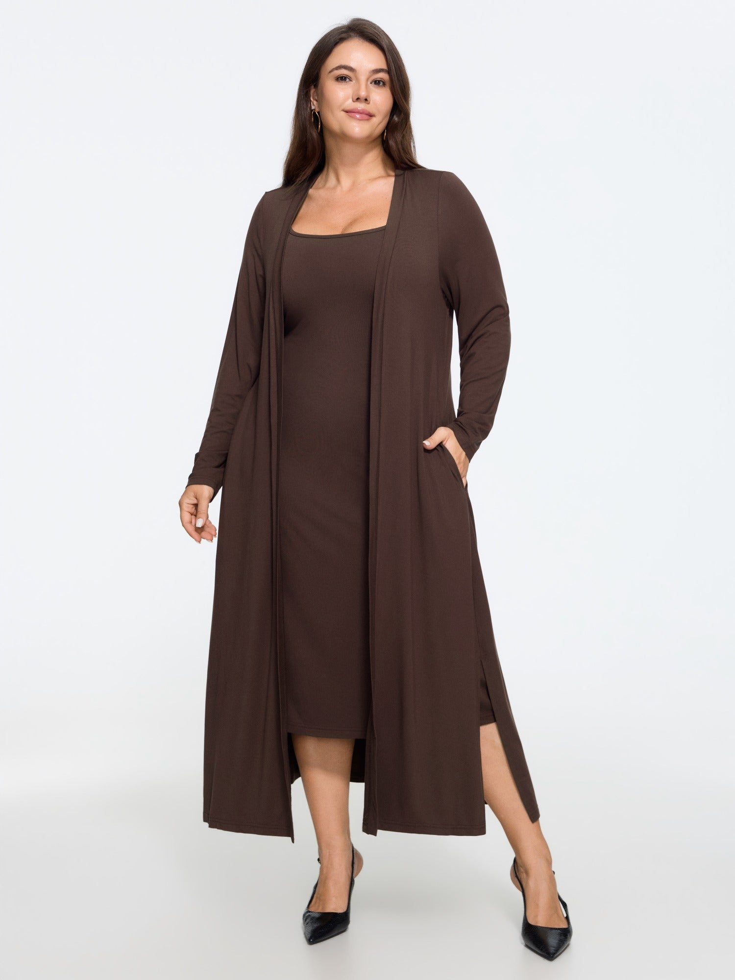 Supersoft Pocket Long Cardigan Two‑Piece Dress Set