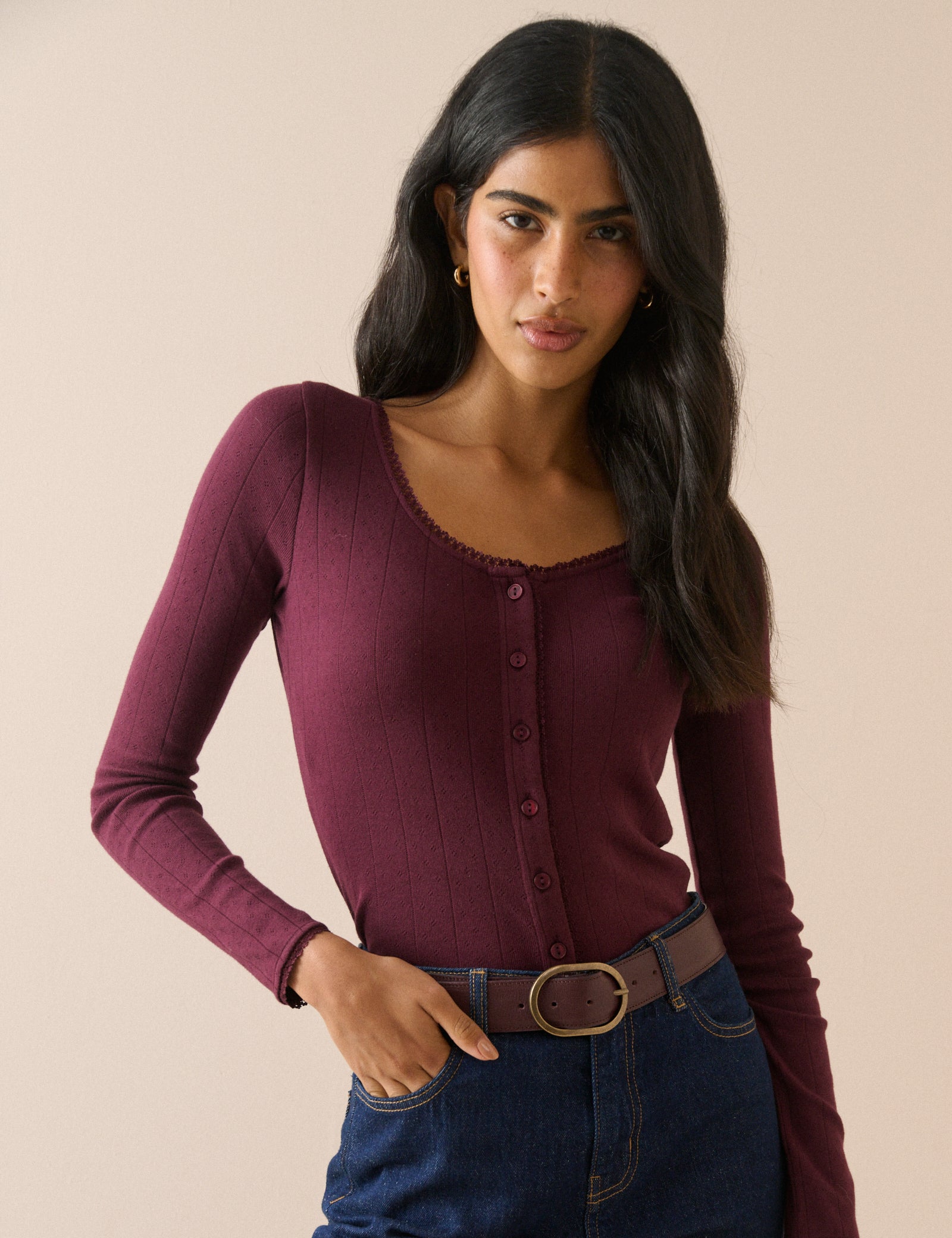 Burgundy Scoop Neck Pointelle Cardigan