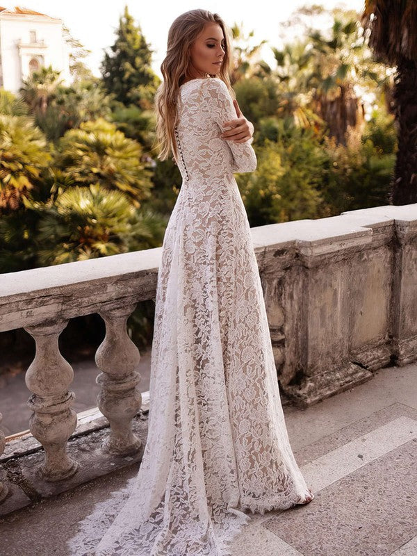 Beautiful A-Line Jewel Neck Long Sleeves Lace Sweep Train Wedding Dresses