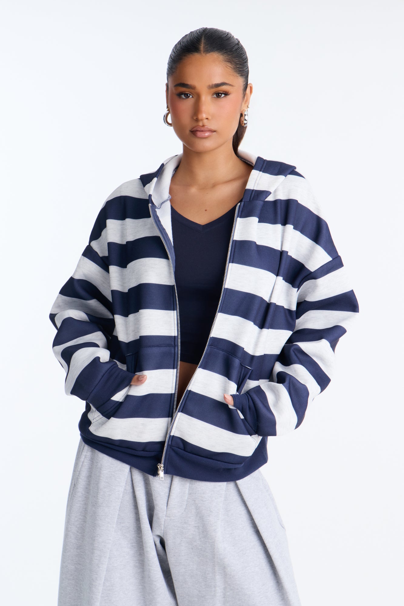What About It Striped Fleece Zip Up Hoodie - Navy/combo