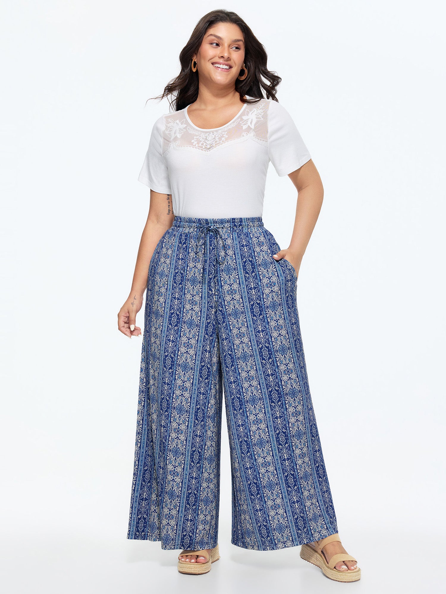 Supersoft Stretchy Geometric Print Wide-Leg Pants
