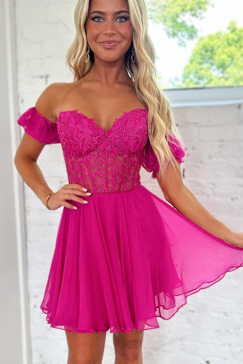 Sparkly Fuchsia Lace-Up Back A-Line Short Homecoming Dress/Mini Dress with Lace