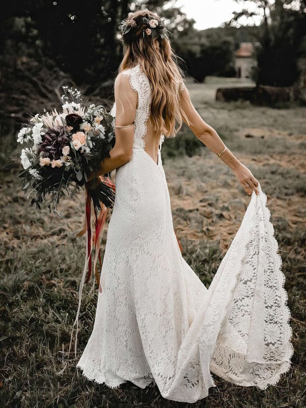 Exquisite Mermaid Backless Lace Sleeveless Wedding Dresses