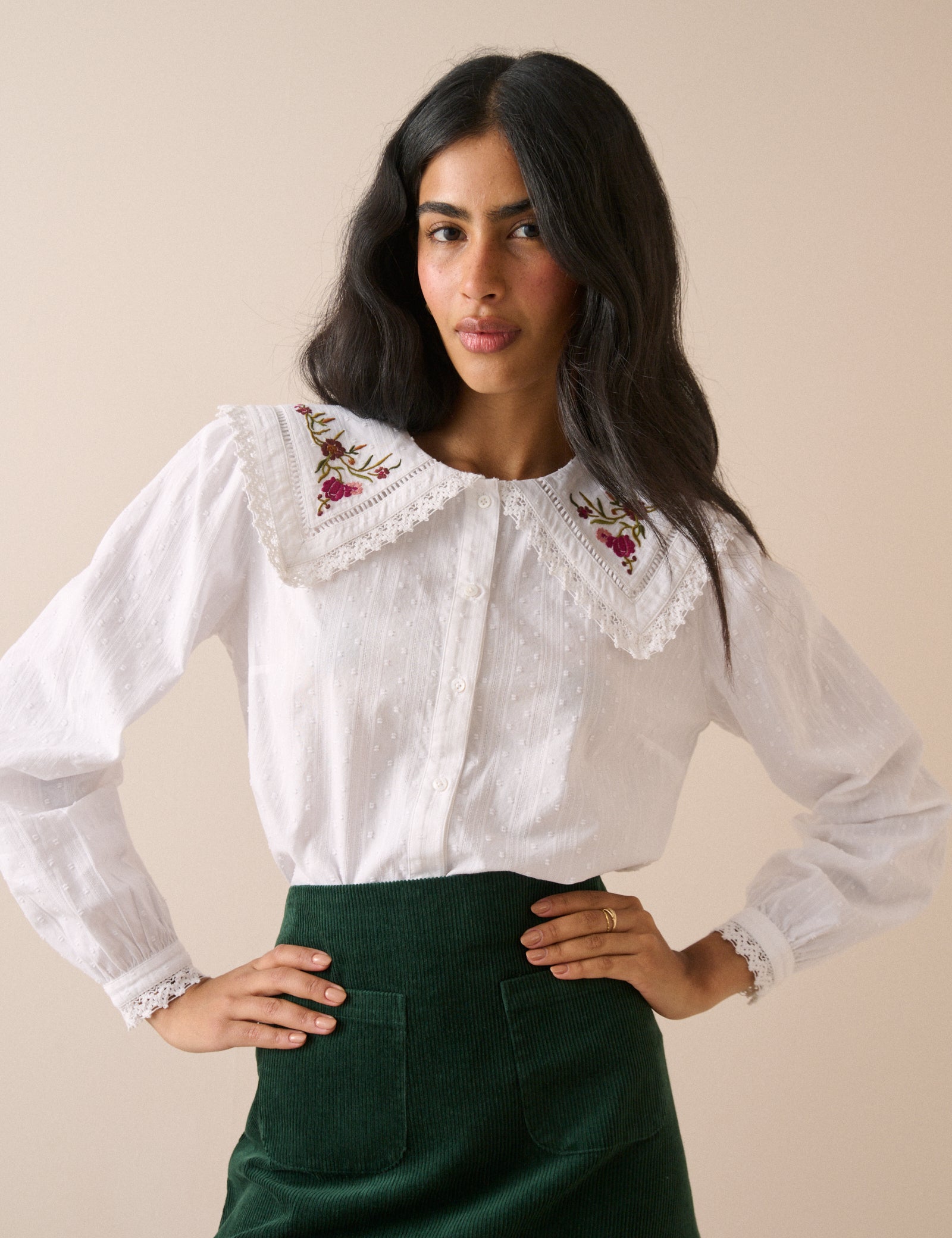 White Embroidered Oversized Collar Blouse