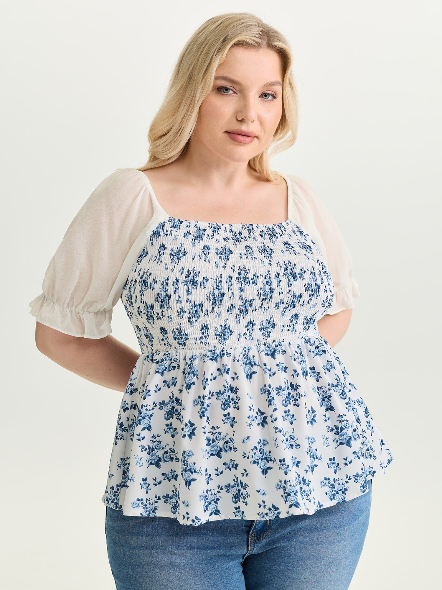 Floral Print Sheer Stretchy Cuff Sleeve Blouse
