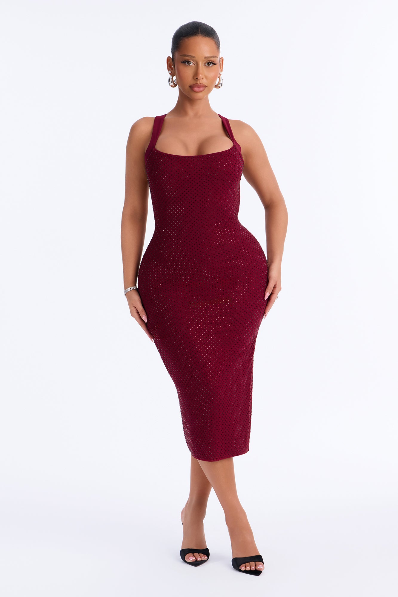 Simply Studded Embellished Rhinestone Mesh Midi Dress - Wine
