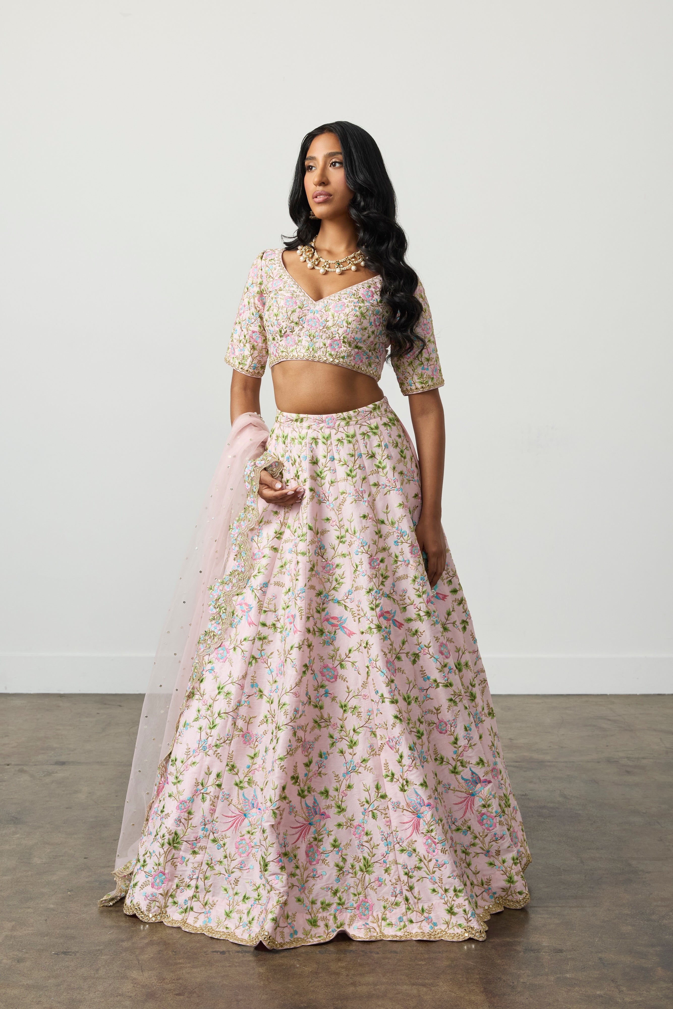 Dusty Pink Half-Sleeve Embroidered Lehenga Set