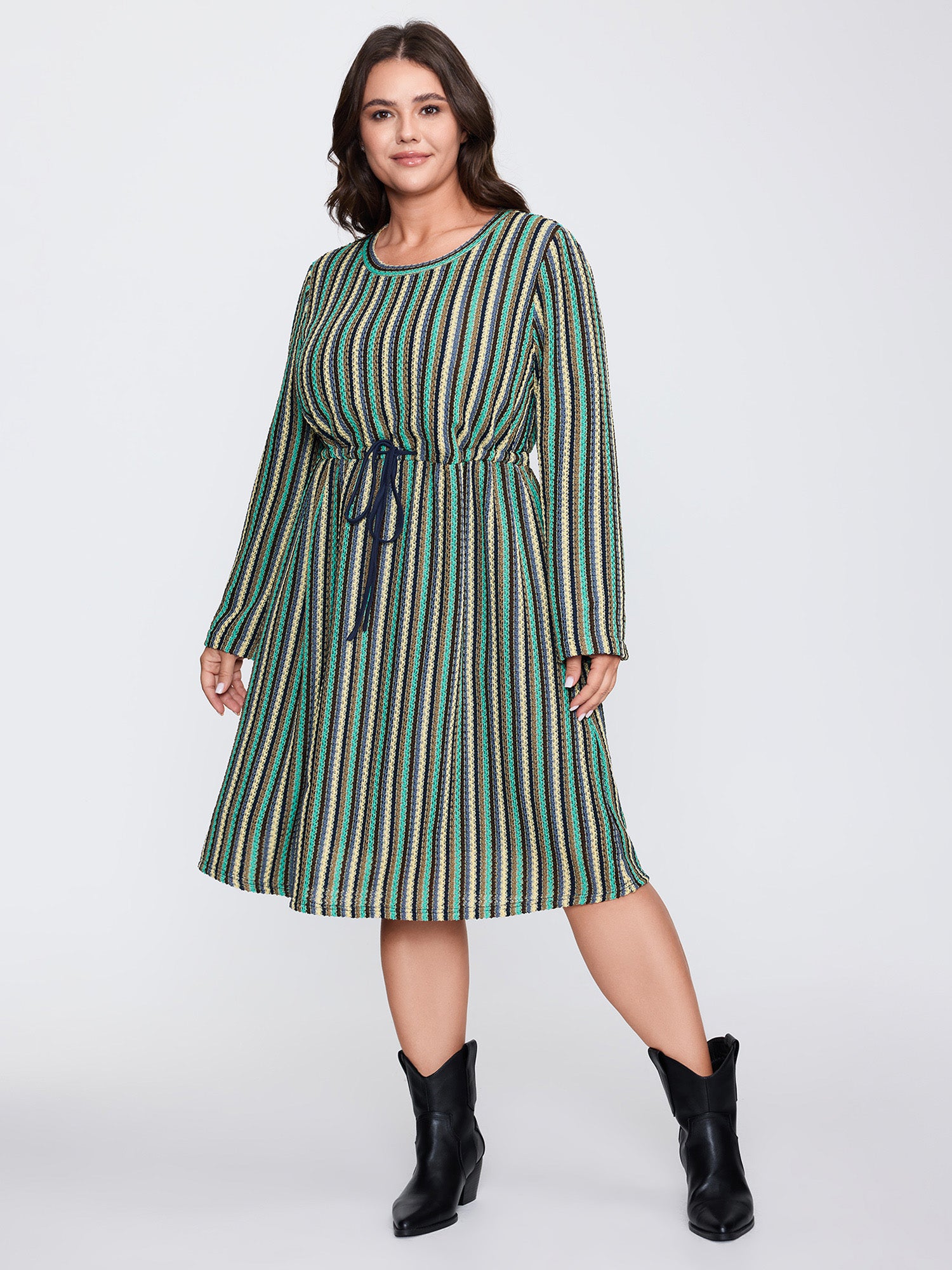 Multi-Color Stripe Drawstring Waist Midi Dress