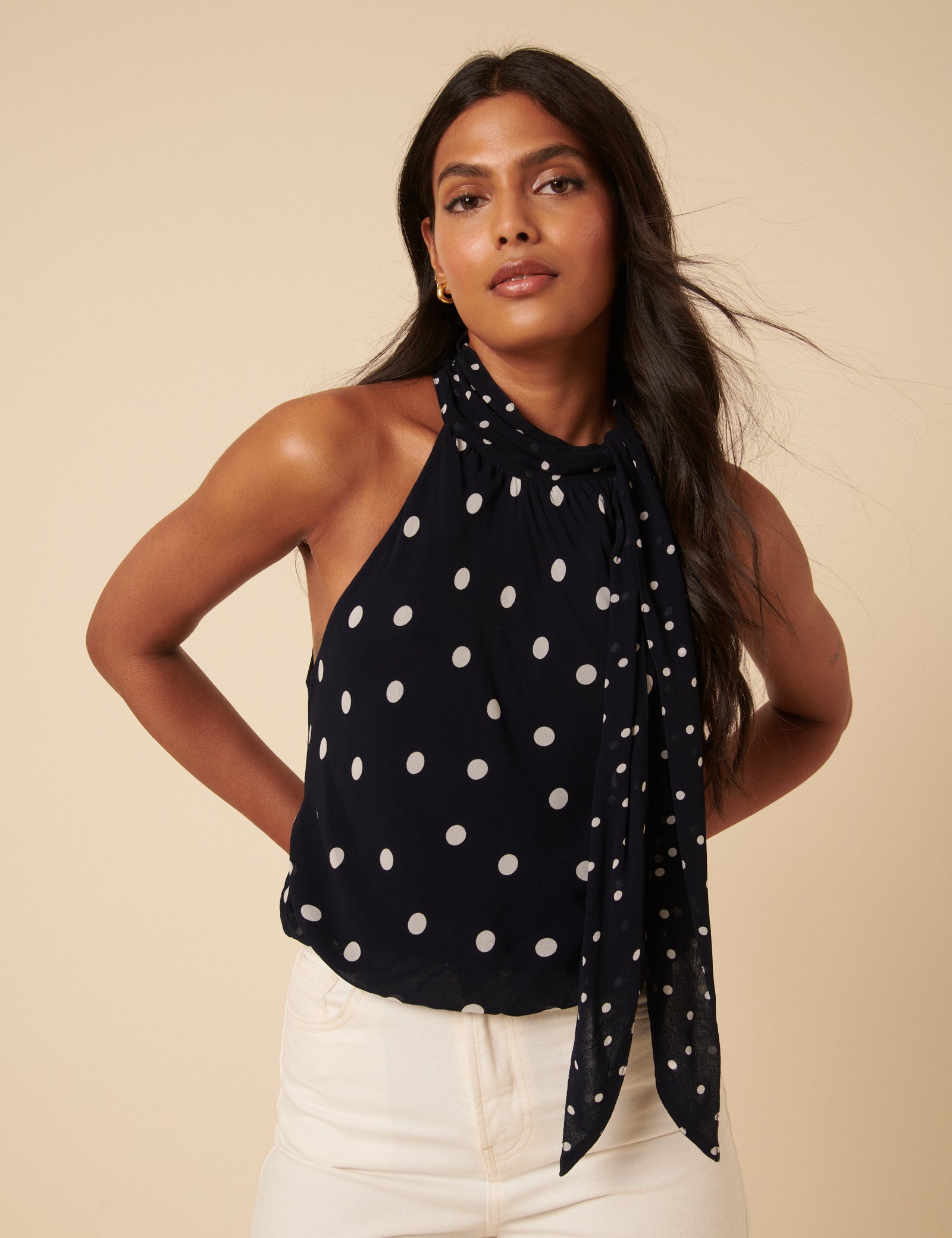 Navy Tie Neck Alexa Bodysuit Top