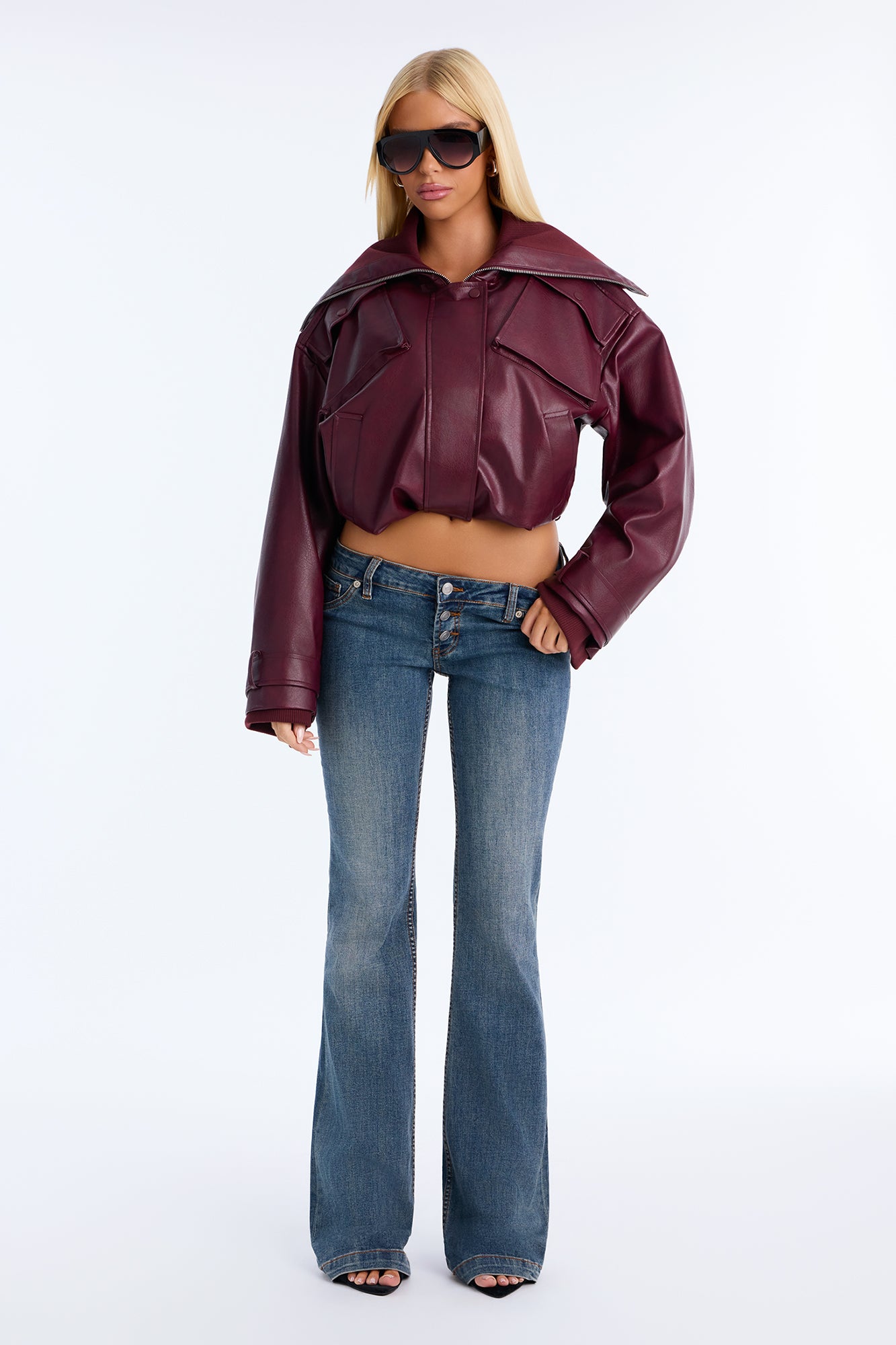 Brynn Fold Over Collar Faux Leather Bomber Jacket - Burgundy