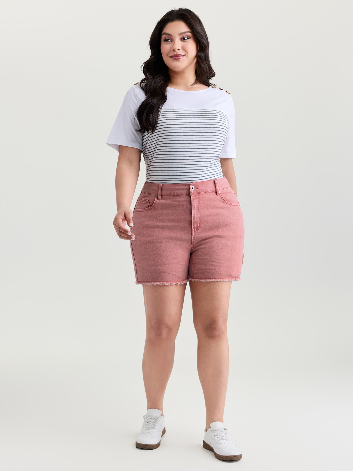 Elastic Back Waistband Straight-Fit Denim Shorts