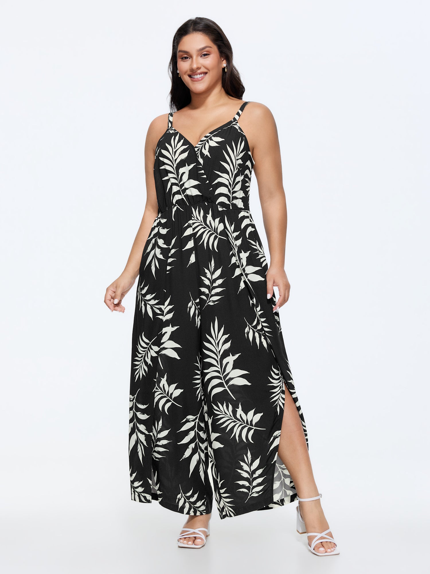 Tropical Leaf Print Side Slit Shirred Wide Leg Jumpsuit