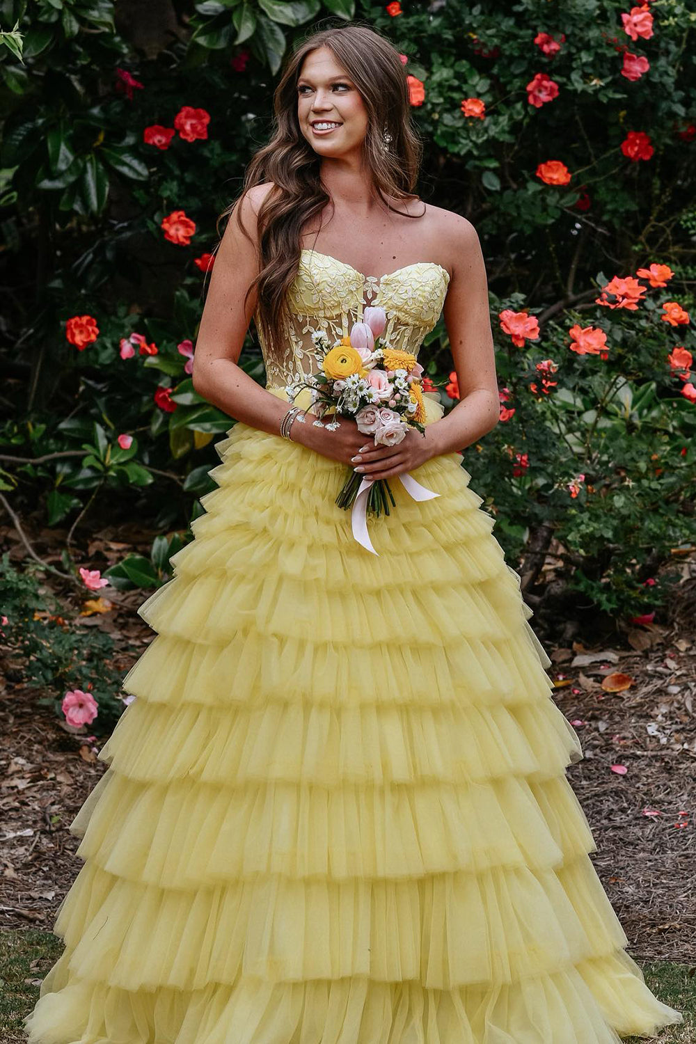 Long Tiered Corset Prom Dress in Yellow with Sweetheart Princess Tulle and Appliques
