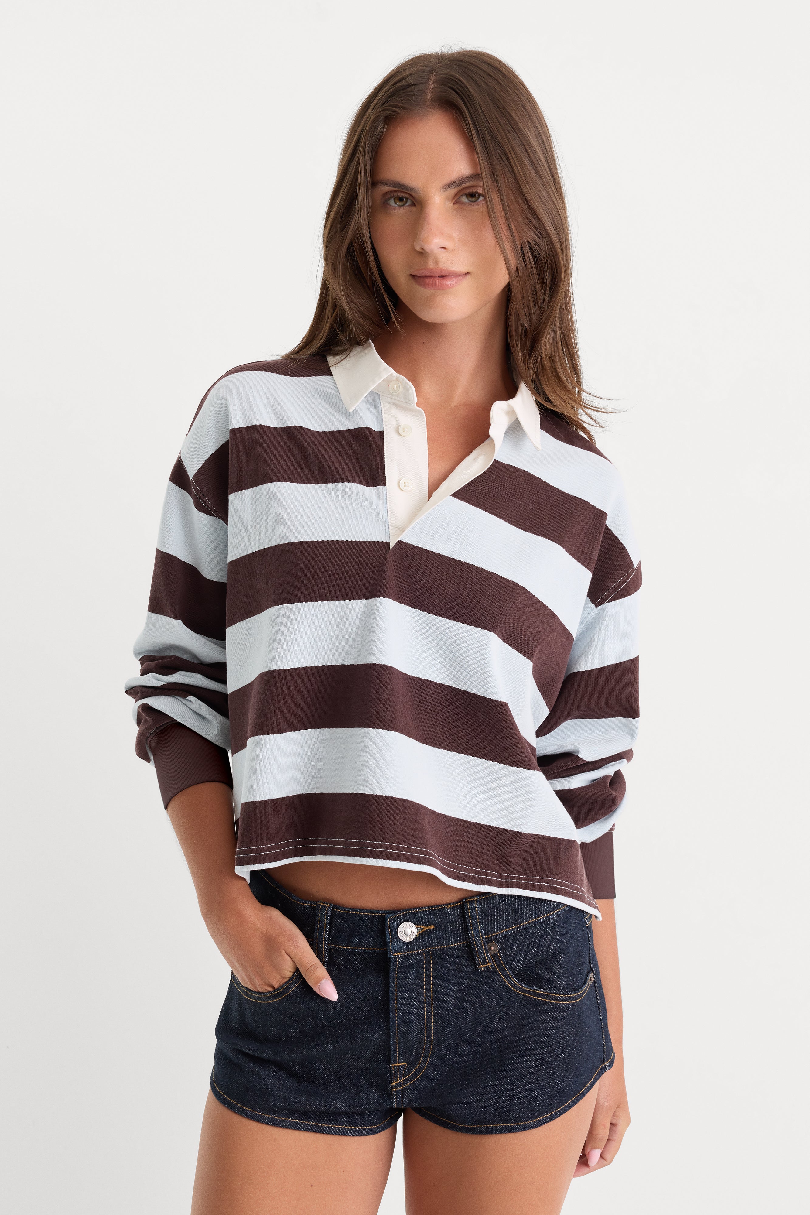 THE CROPPED RUGBY POLO | ESPRESSO SKY BLOCK STRIPE