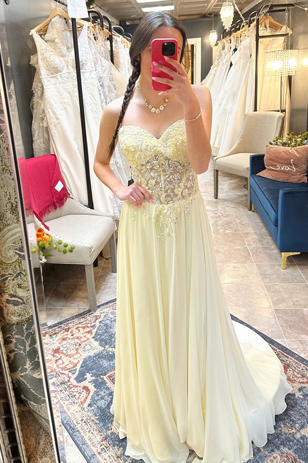 Long A-Line Chiffon Prom Dress in Yellow with Corset and Appliques