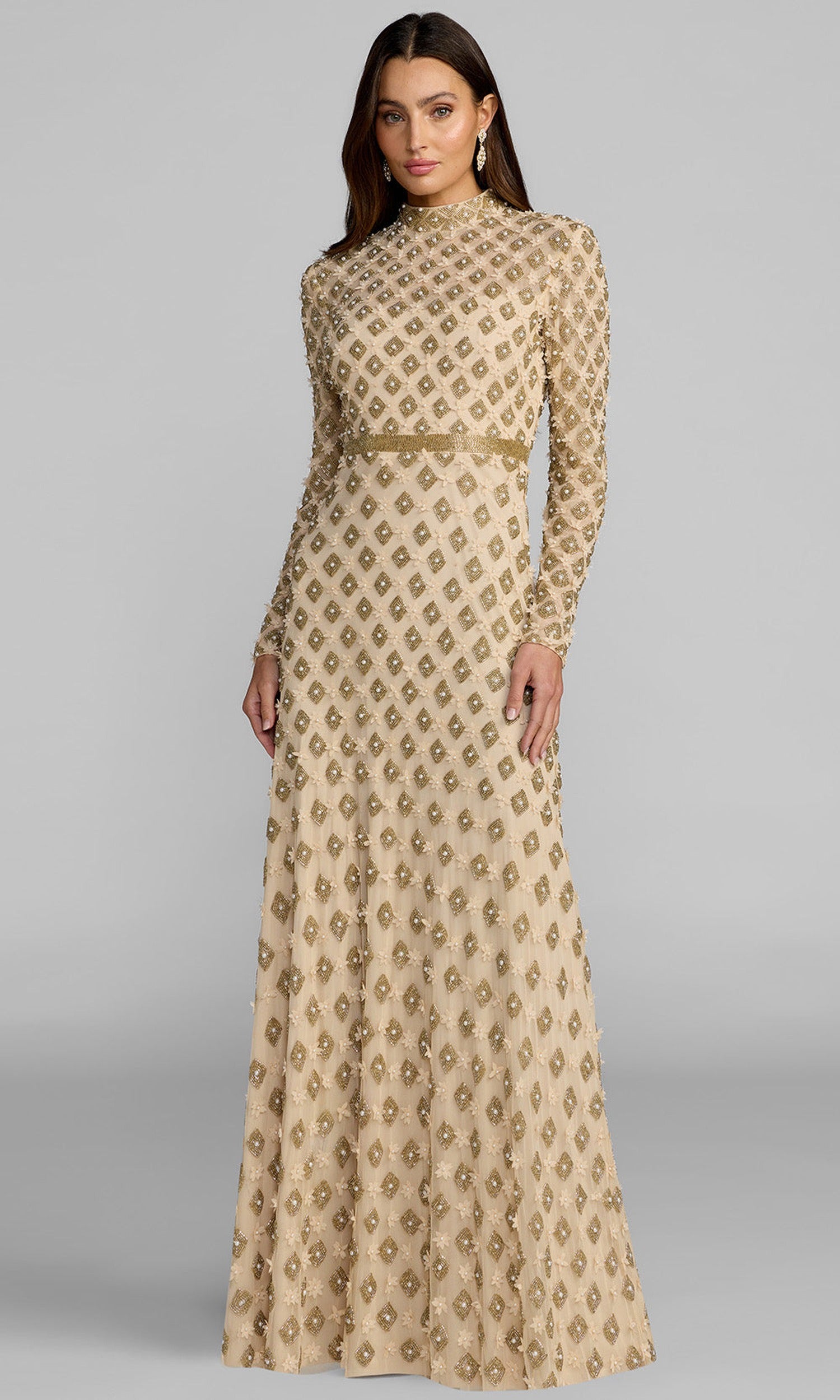 Mac Duggal 23087 - Geometric Beaded Long Sleeve Prom Gown