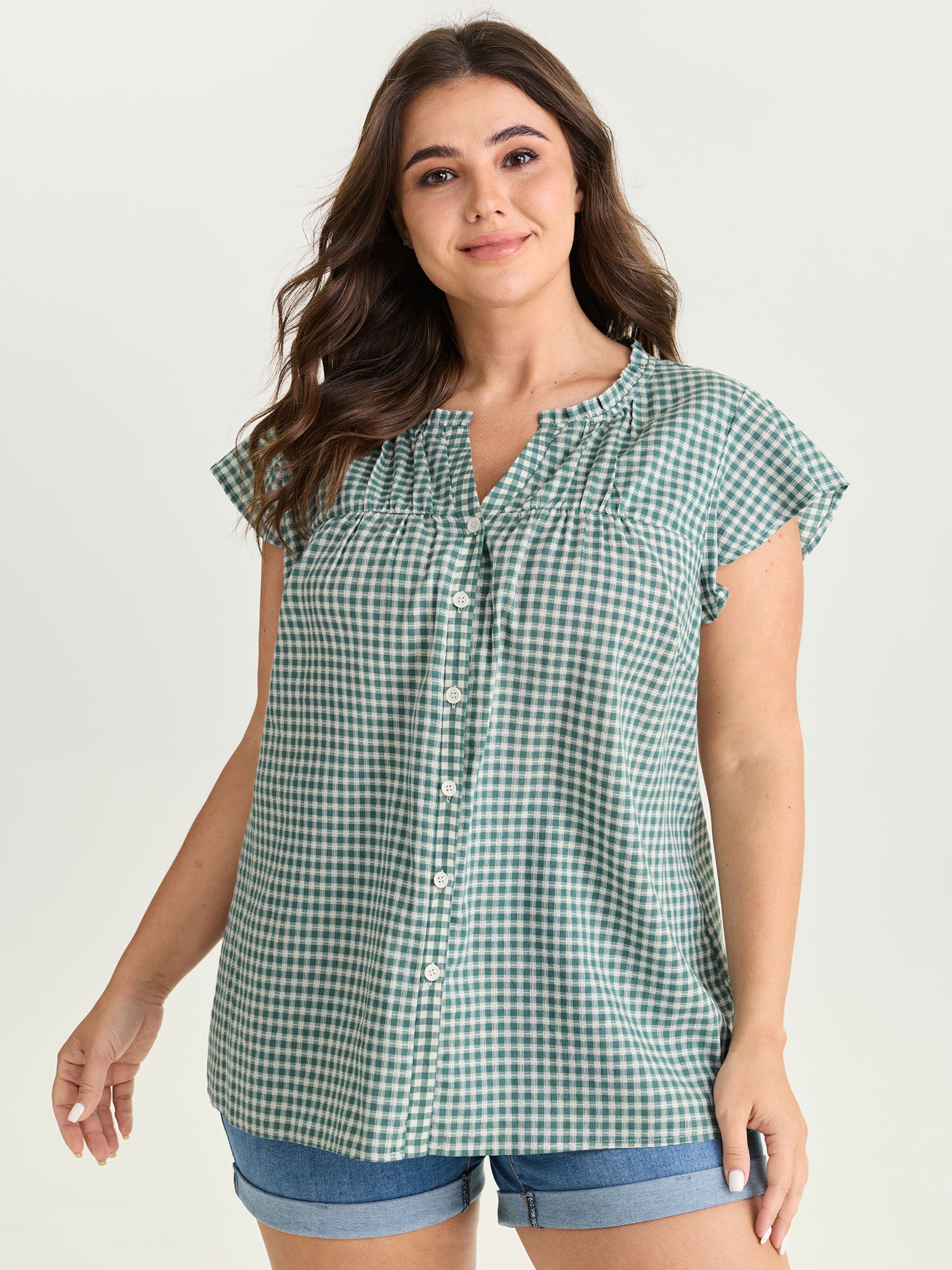 Cotton Check Print Ruffled Sleeve Blouse