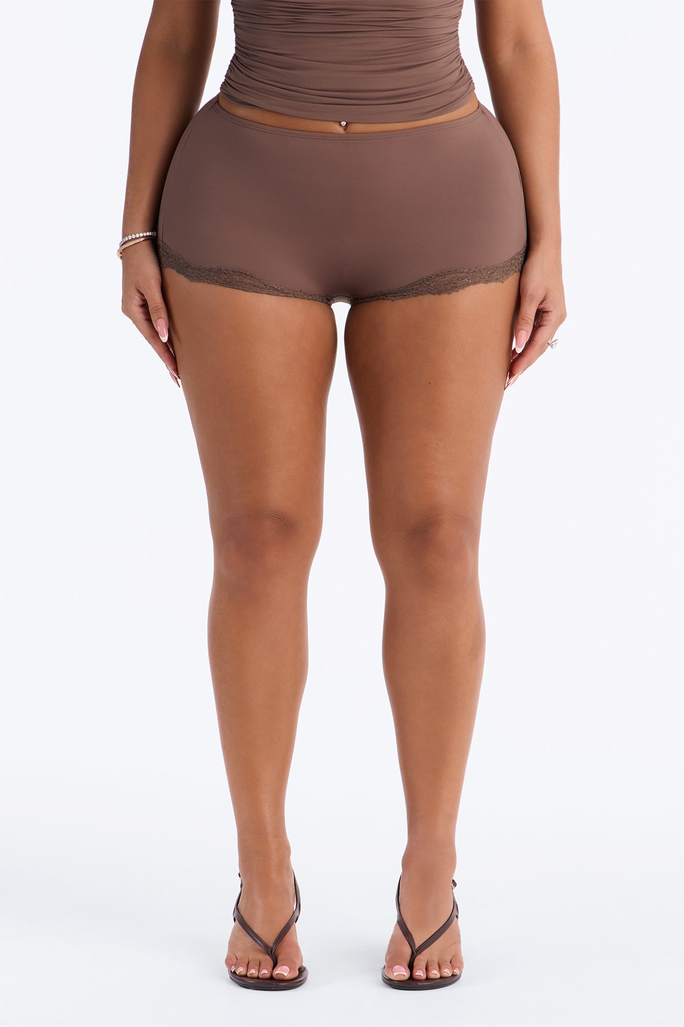 Second Skin Double Lined Lace Trim Micro Shorts - Brown