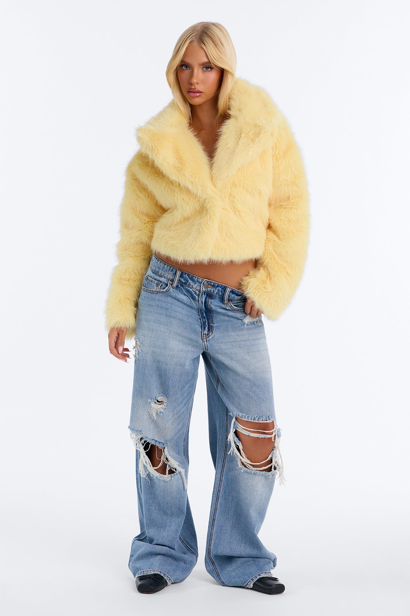 Chloe Faux Fur Cropped Coat - Butter Yellow