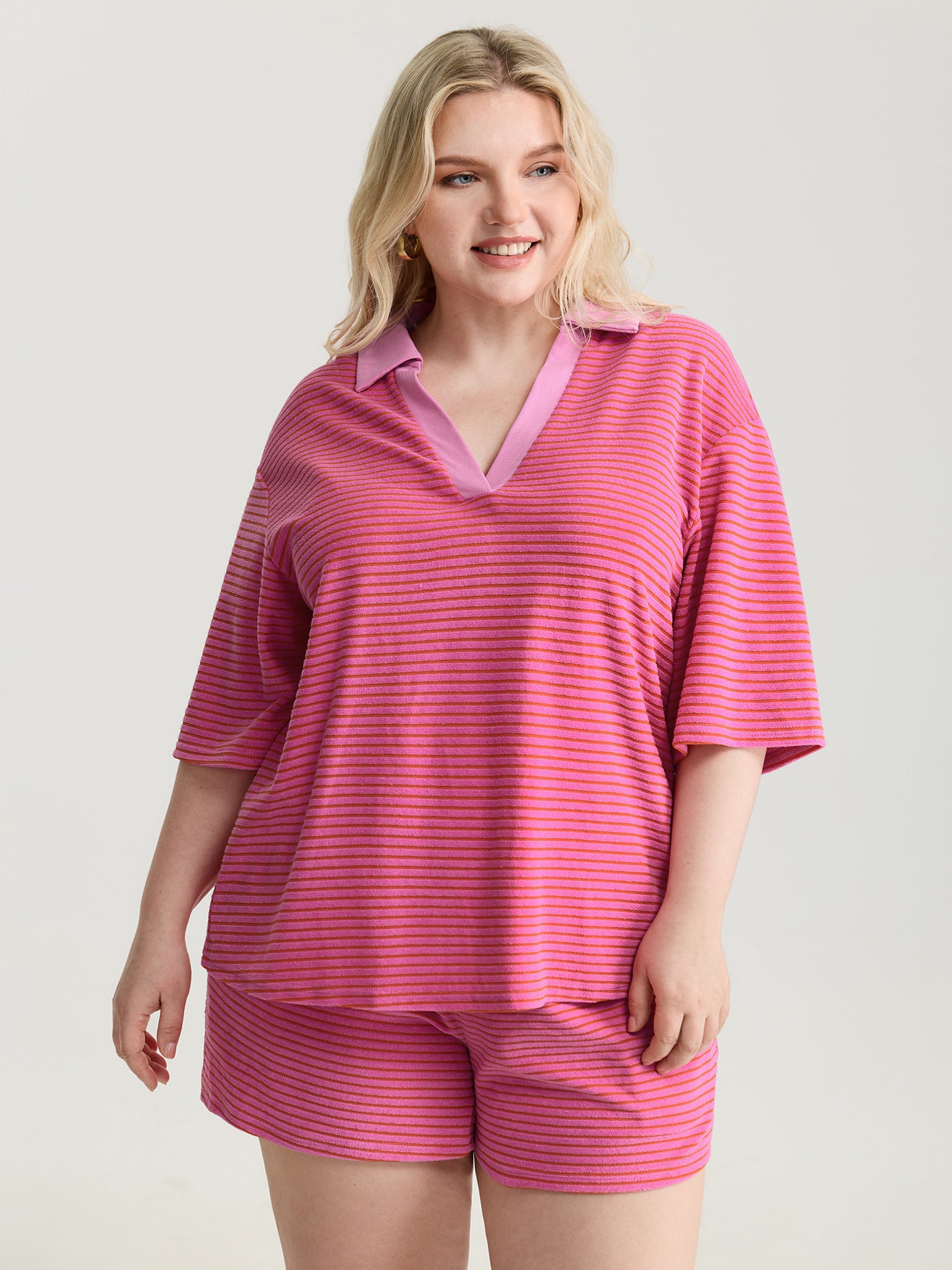 Striped Color Contrast Collar Terry Cloth Two-Piece Set