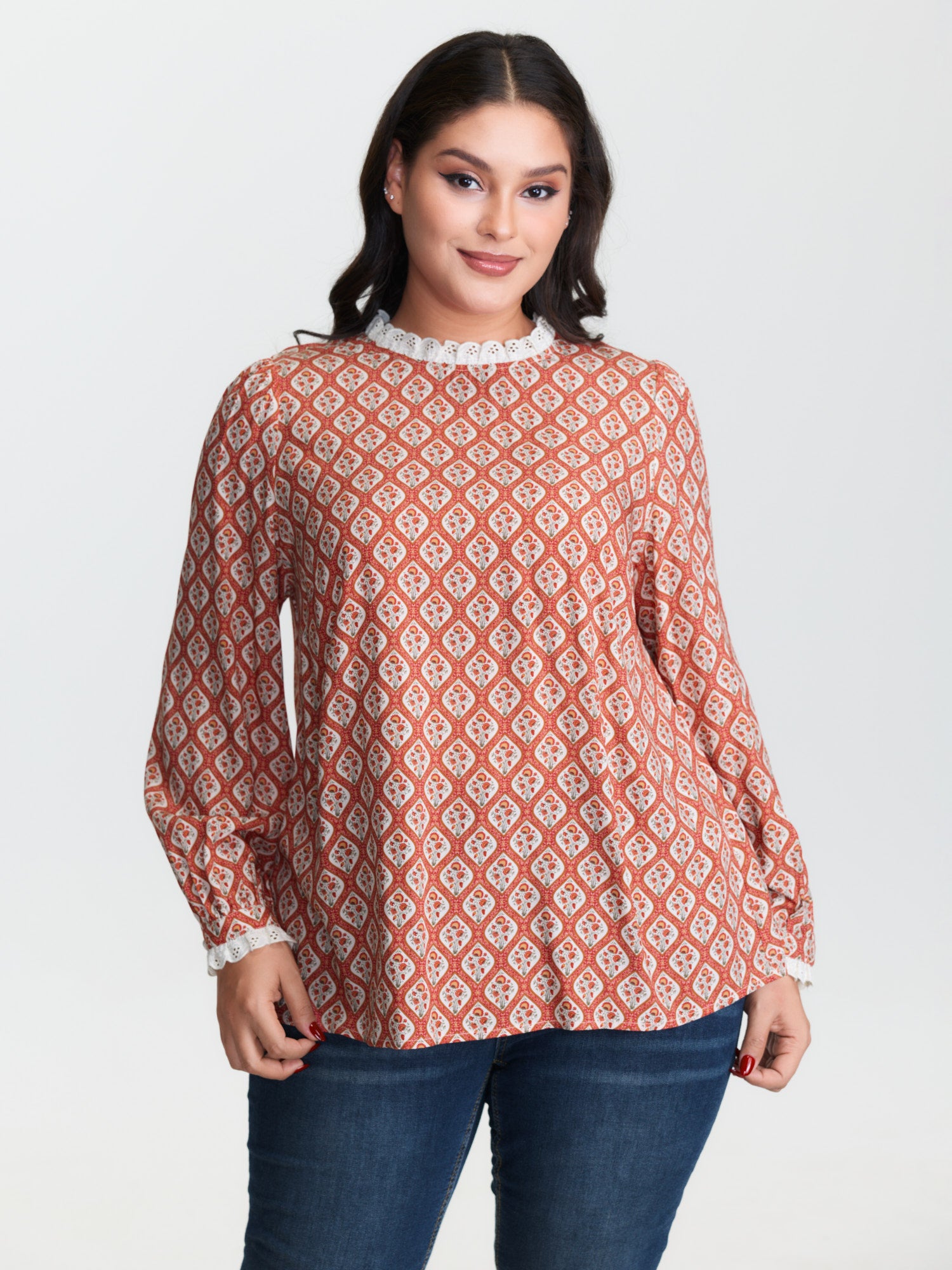 Retro Geometric Floral Print Round Neck Blouse