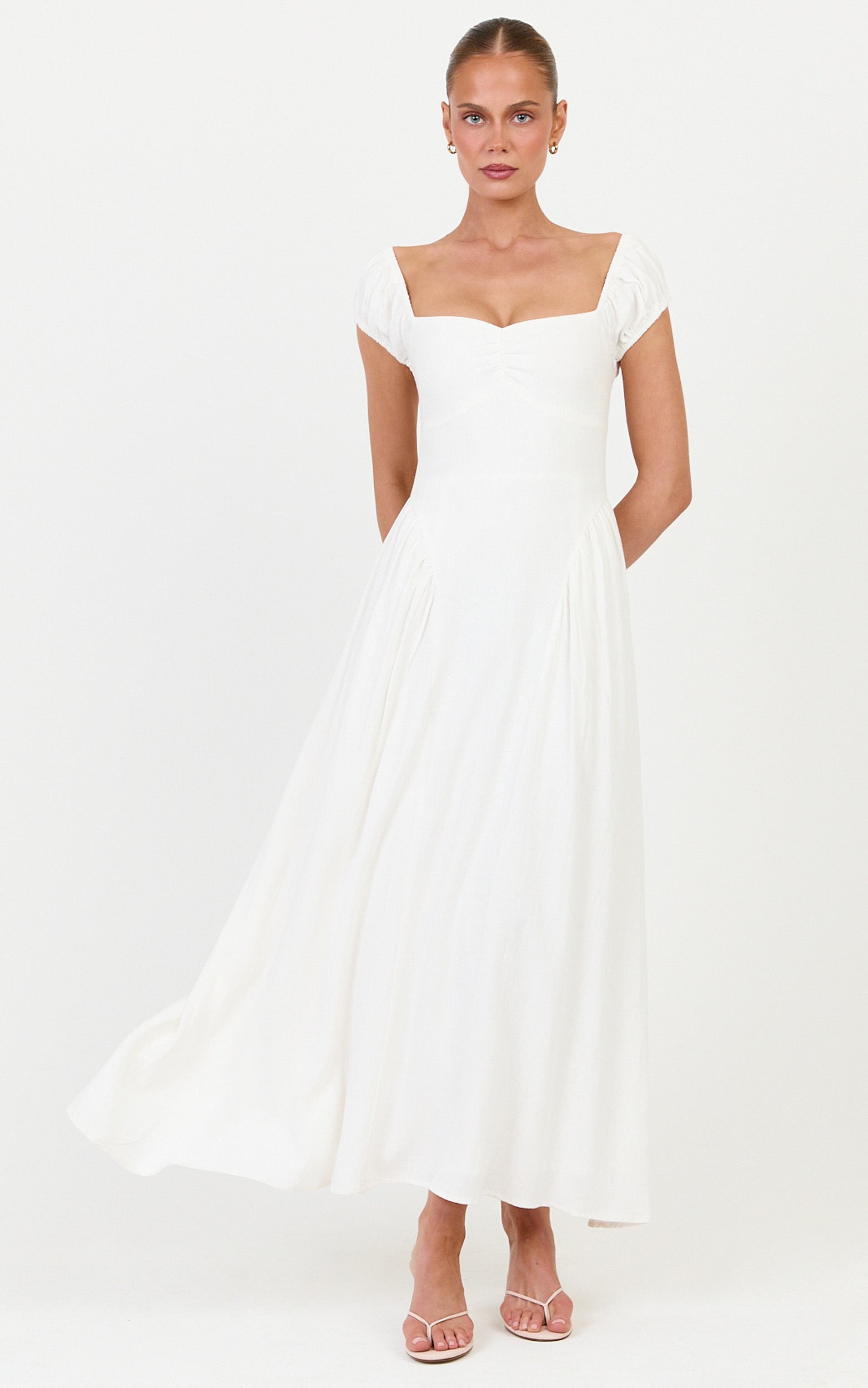 Astrid Midi Dress - Sweetheart Neckline Capped Sleeve Dress in Off White