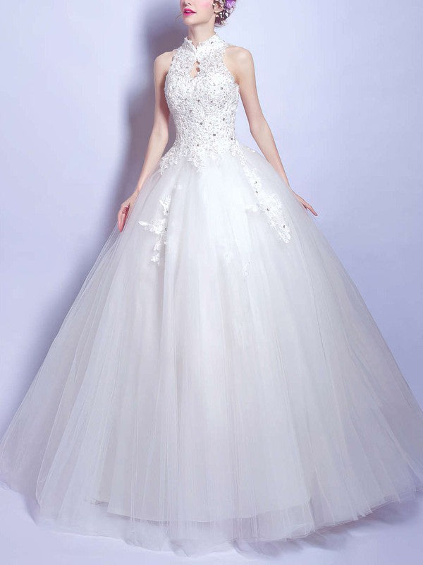 Fashionable Floor-Length High Neck Sleeveless Tulle Ball Gown Wedding Dresses