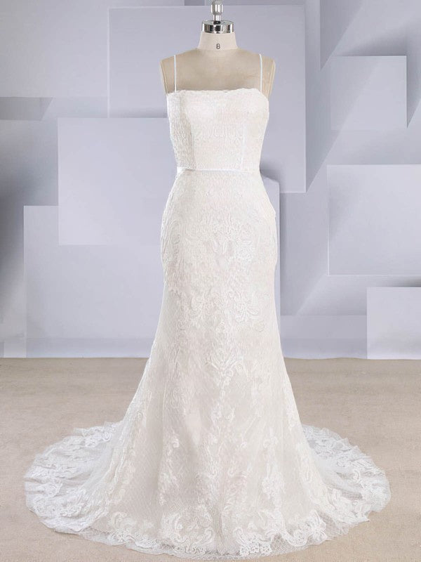 Trendy Lace Mermaid Square Neck Sleeveless Sweep Train Wedding Dresses
