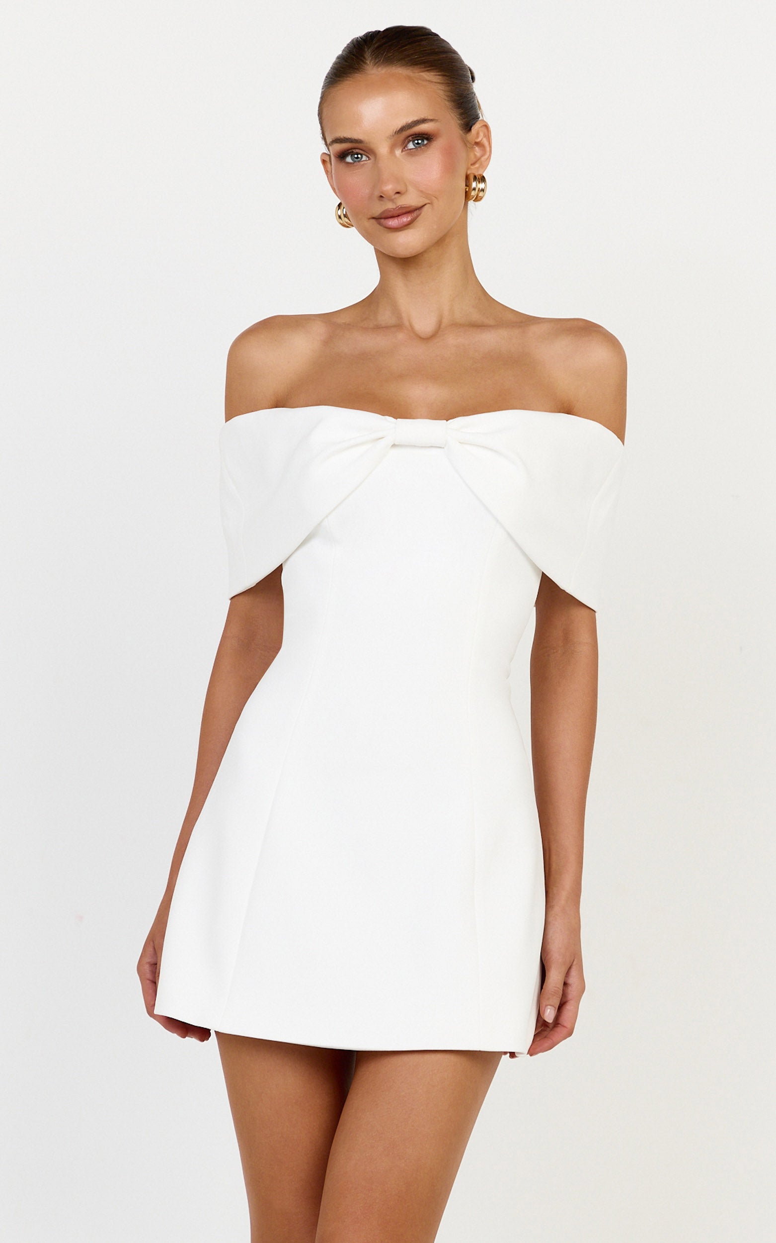 Thalia Mini Dress - Off Shoulder Bow Detail Dress in White