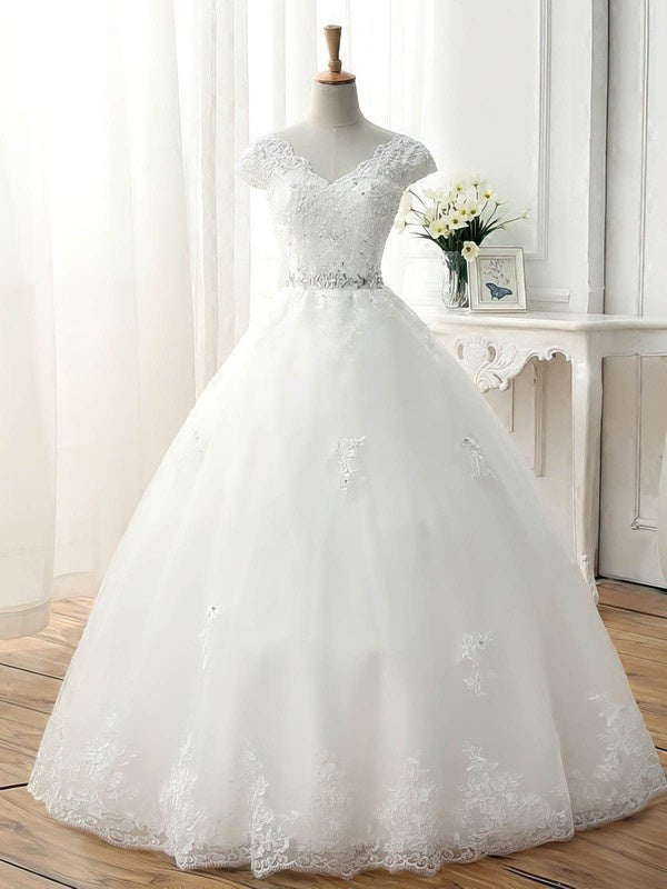 Classic Floor-Length V-Neck Tulle Lace Ball Gown Wedding Dresses