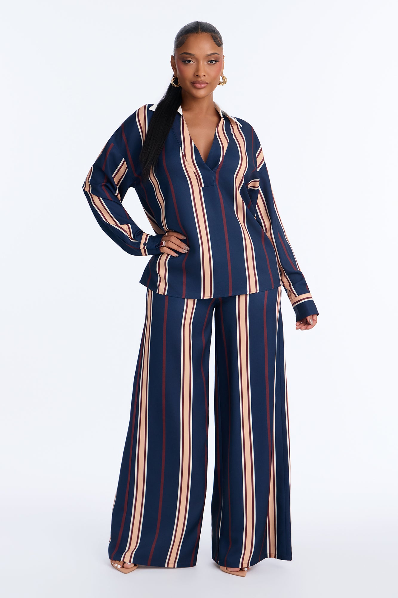 Elevated Striped Satin Pant Set - Navy/Multi
