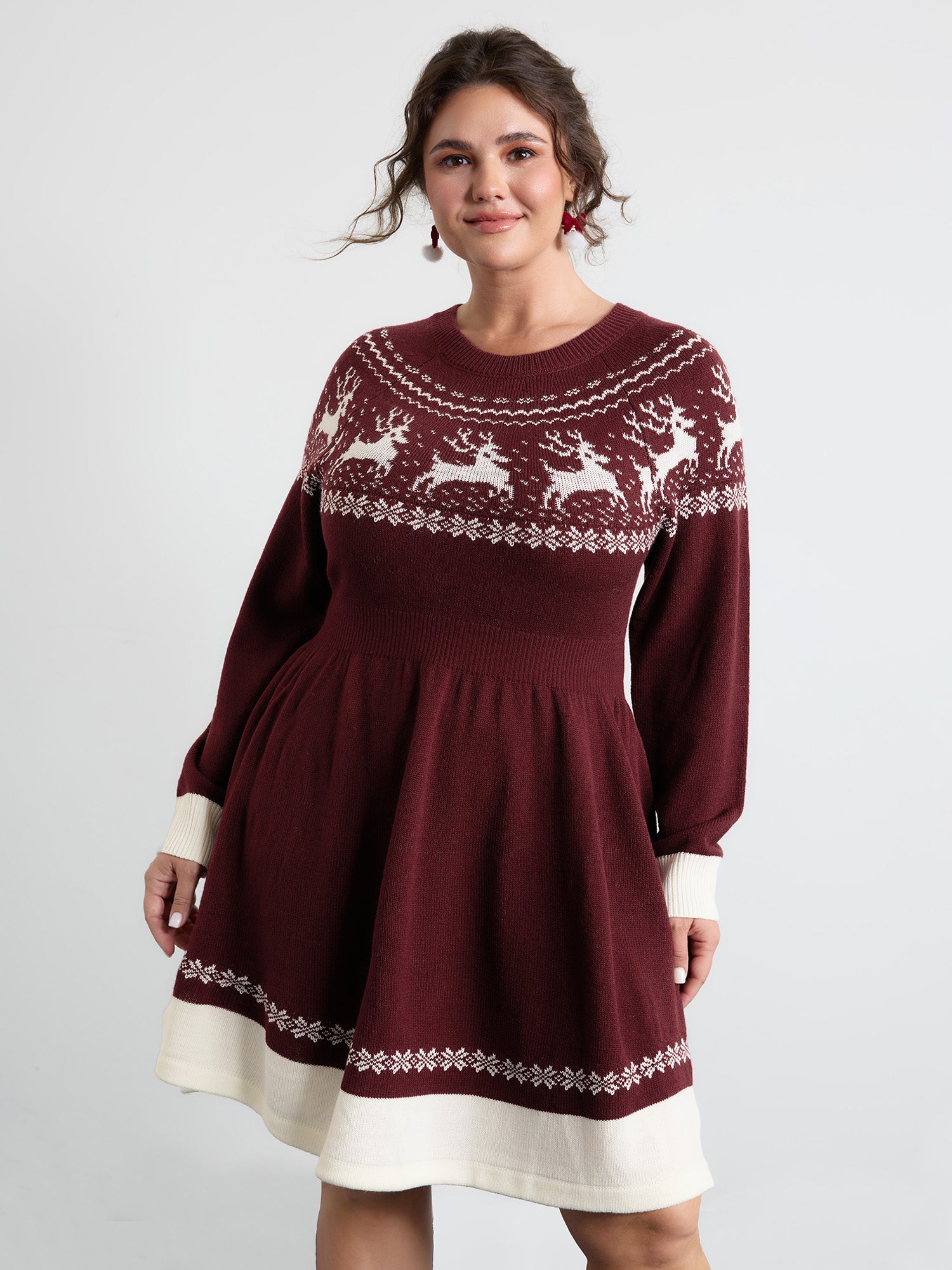 Reindeer Print Cinched-Waist Sweater Mini Dress
