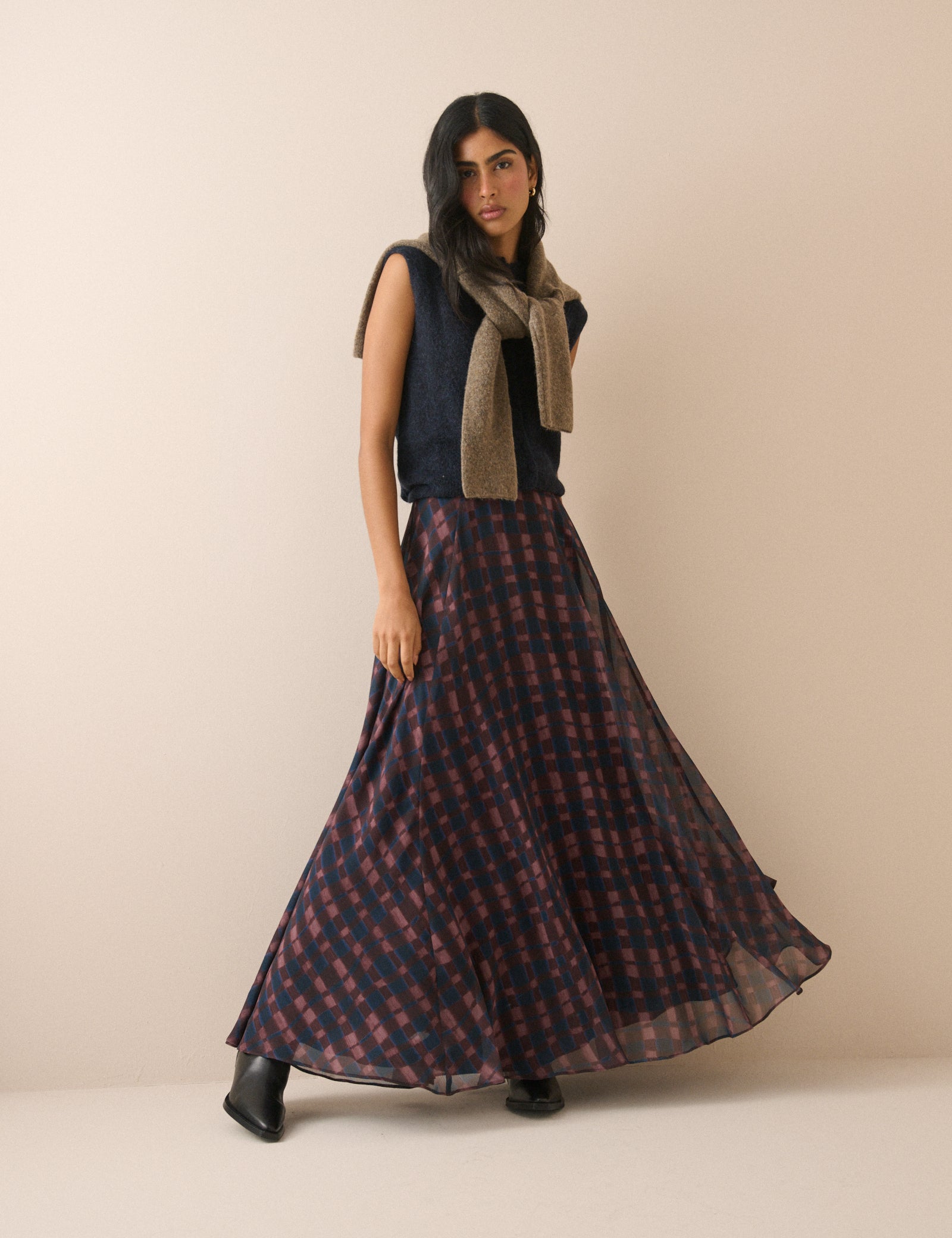 Blue and Burgundy Check Madden Maxi Skirt
