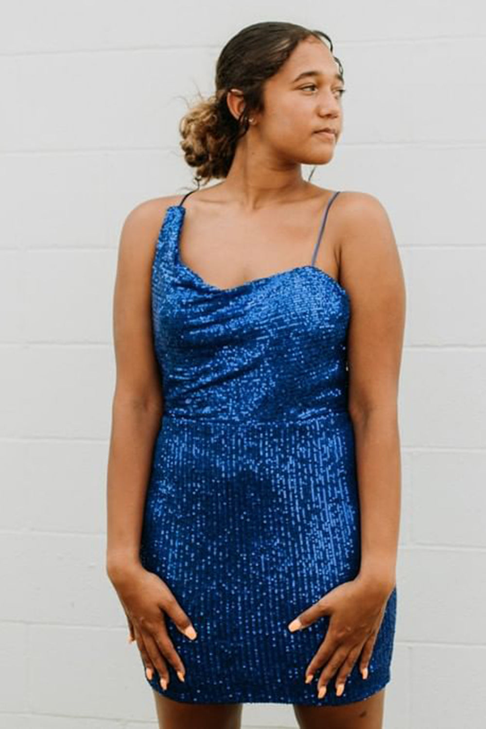 Blue Spaghetti Straps Sequins Homecoming Dress/Mini Dress With Criss Cross Back