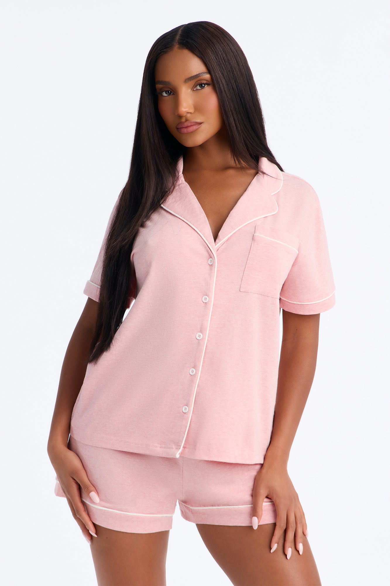 Nova Cotton Short Sleeve Button Down PJ Short Set - Heather Pink