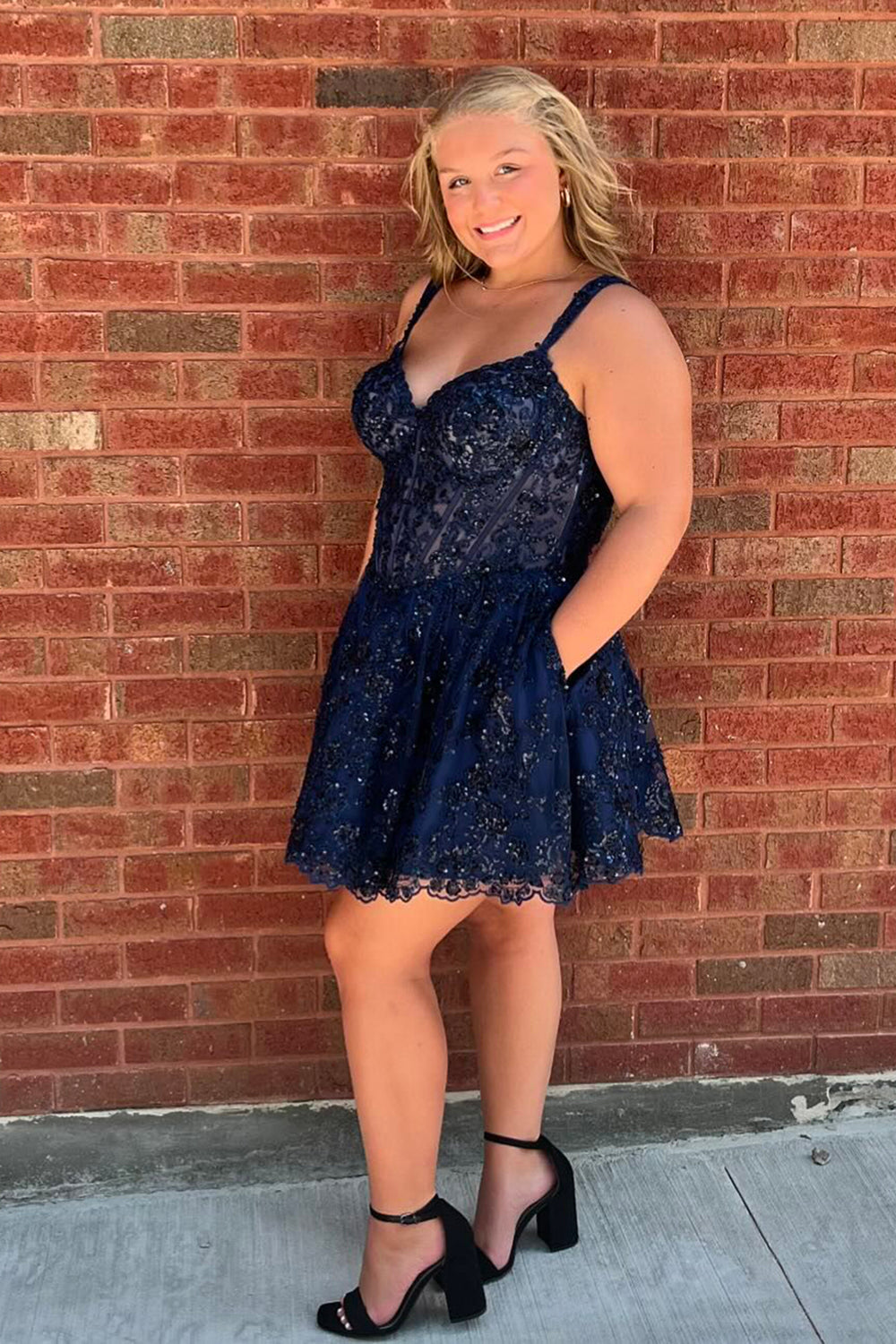 Sparkly Navy Corset Plus Size A Line Short Homecoming Dress/Mini Dress