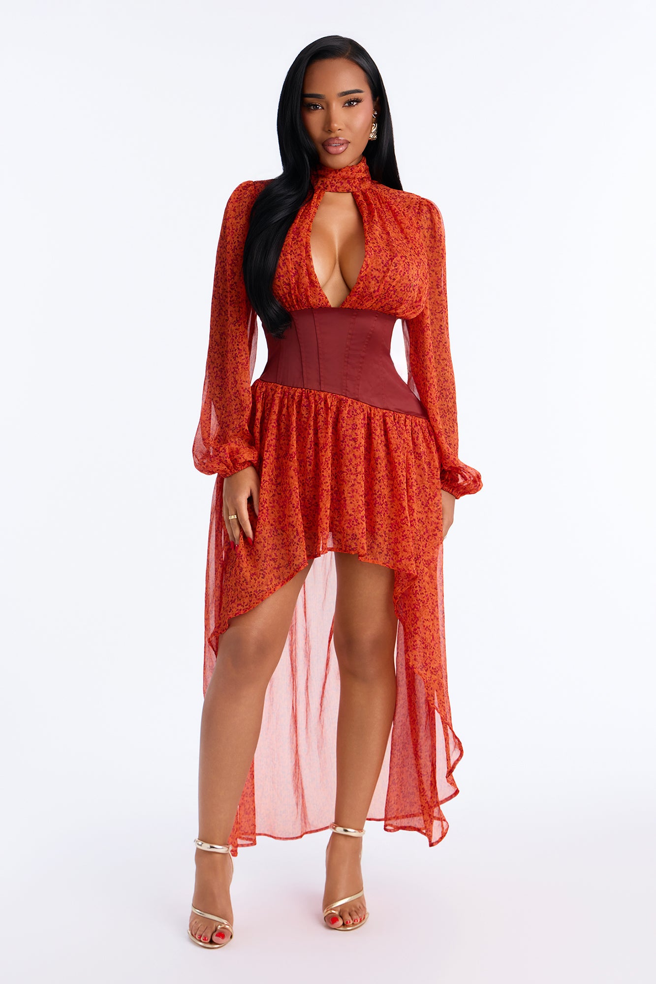 All In Your Mind Chiffon High Low Maxi Dress - Rust/combo