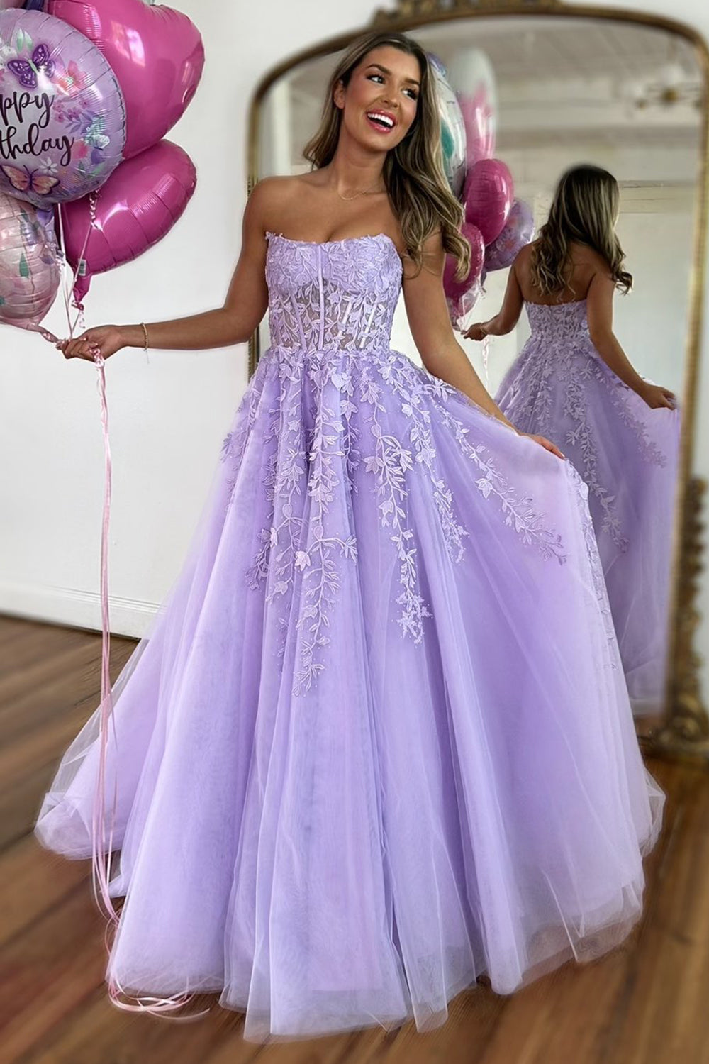 Long A-Line Corset Prom Dress in Lilac with Strapless Tulle and Appliques