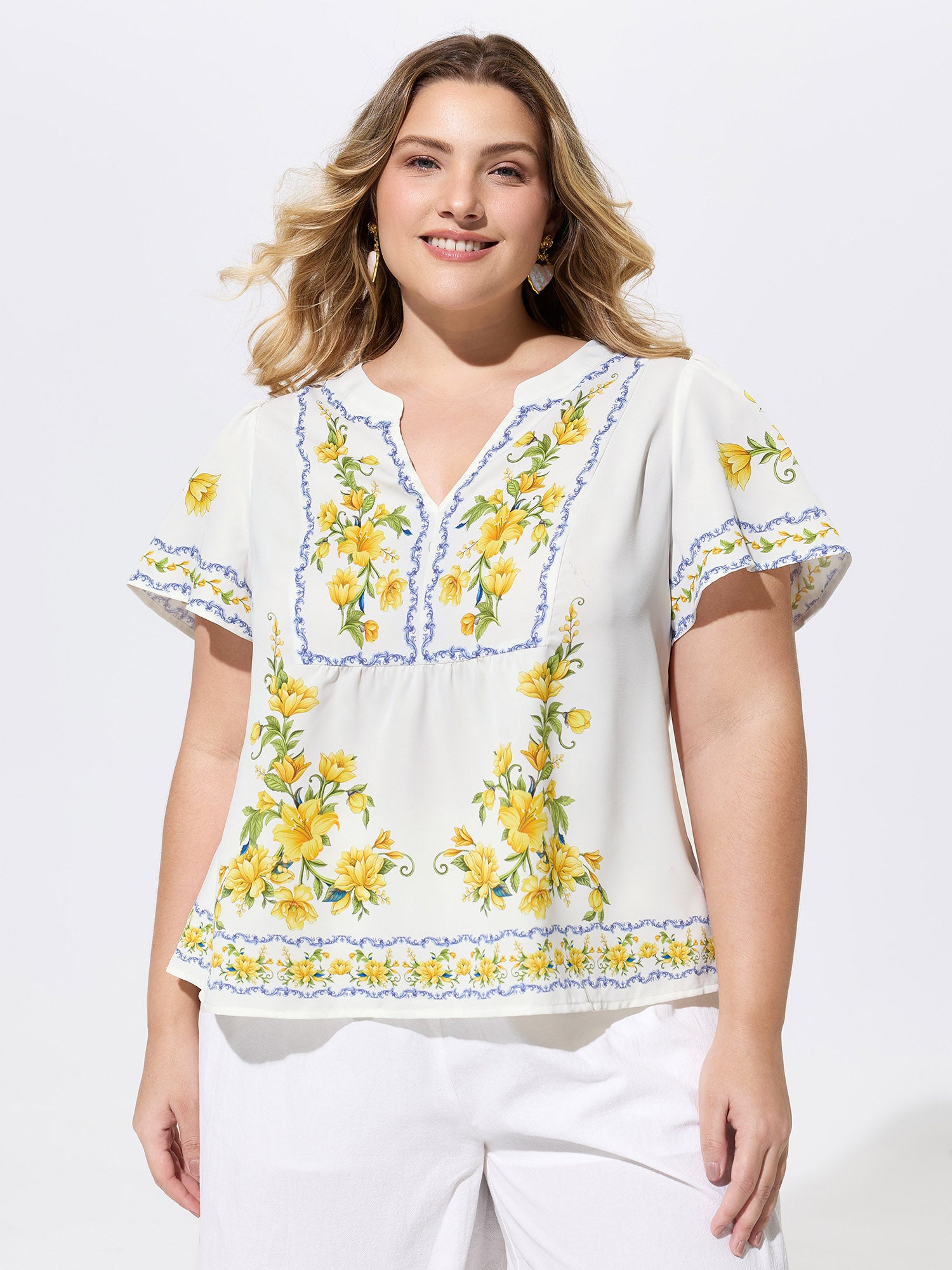 Floral Branch Print Notched Collar Blouse