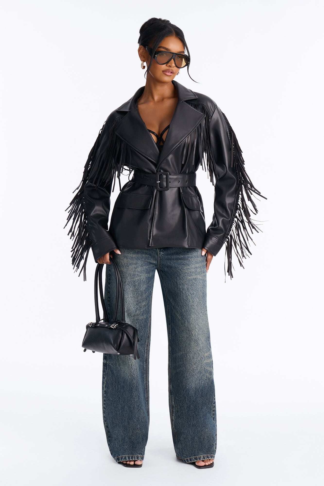Midnight Rodeo Belted Fringe Jacket - Black