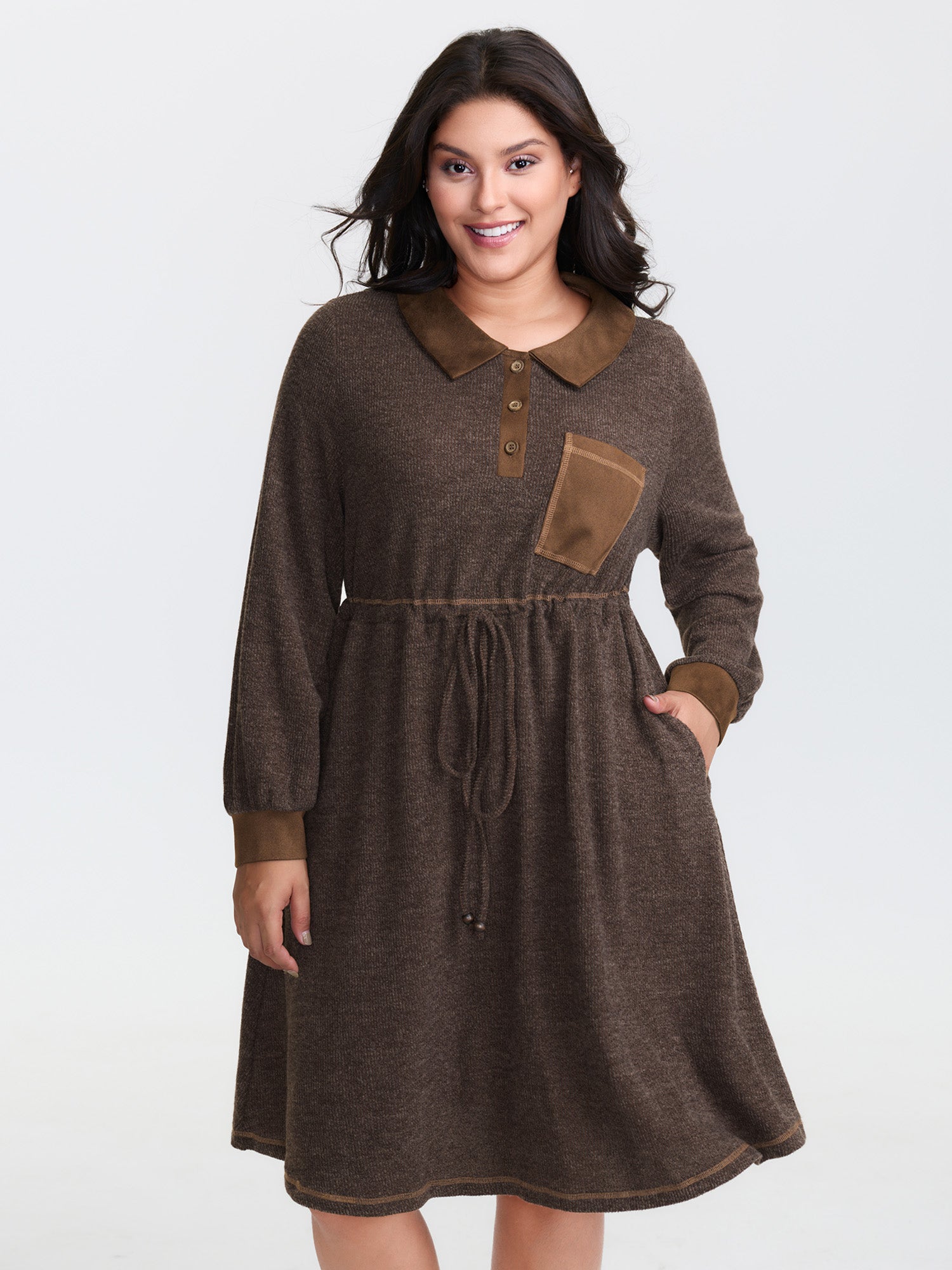 Fluffy Textured Color Contrast Midi Dress