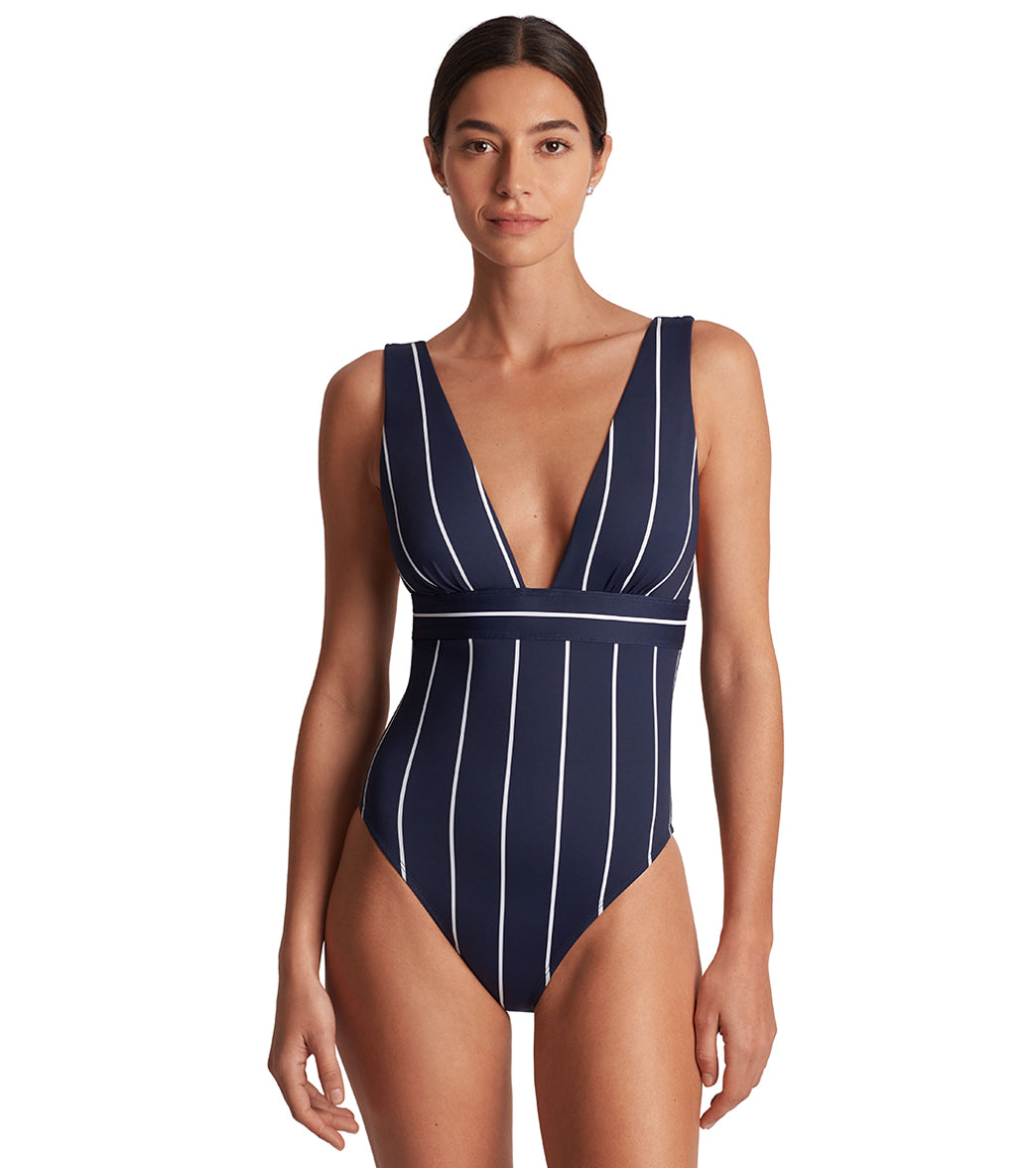 Lauren Ralph Lauren Women's Villa Stripe Banded Modern V Neck One Piece Swimsuit