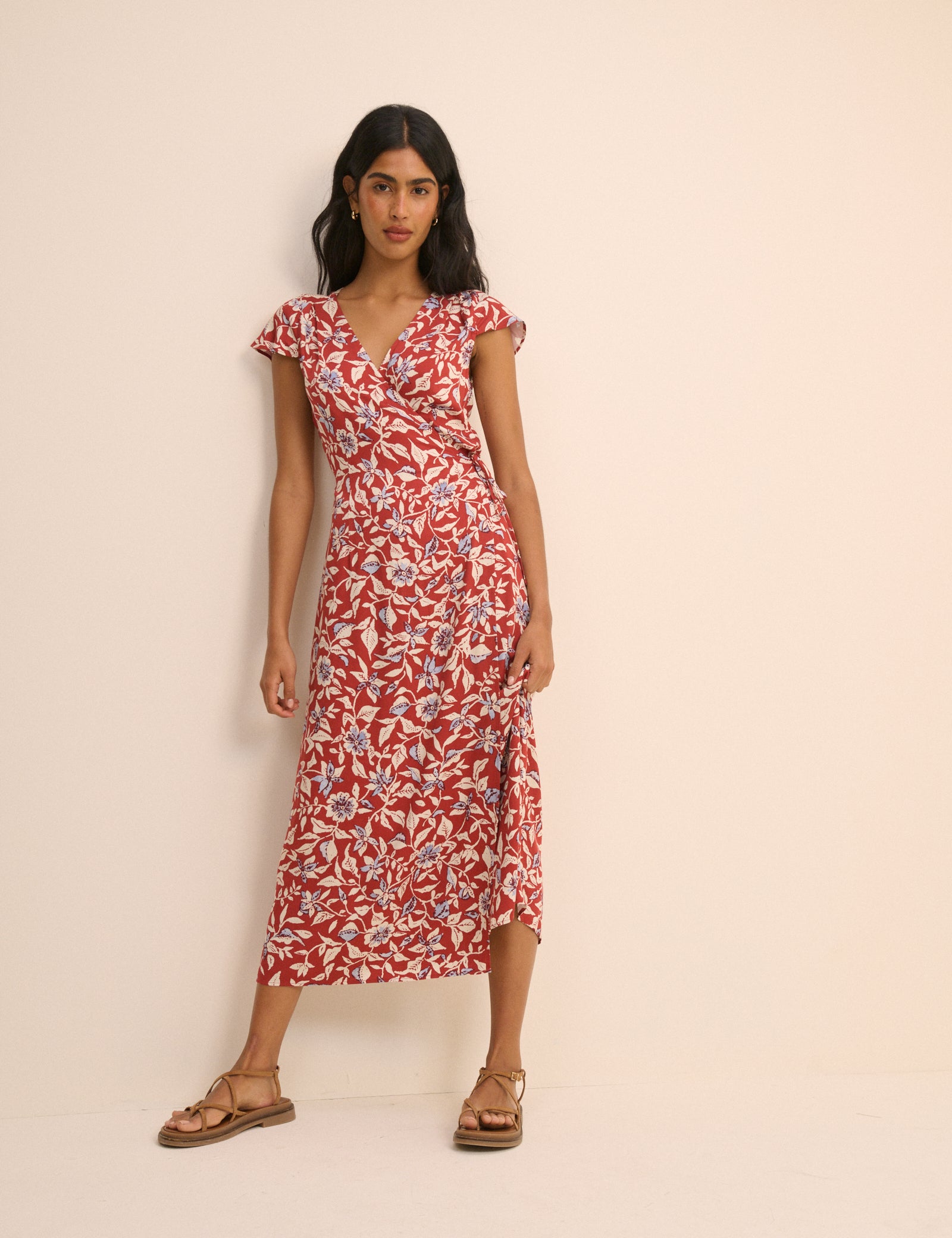 Red Floral Wrapover Bree Midi Dress