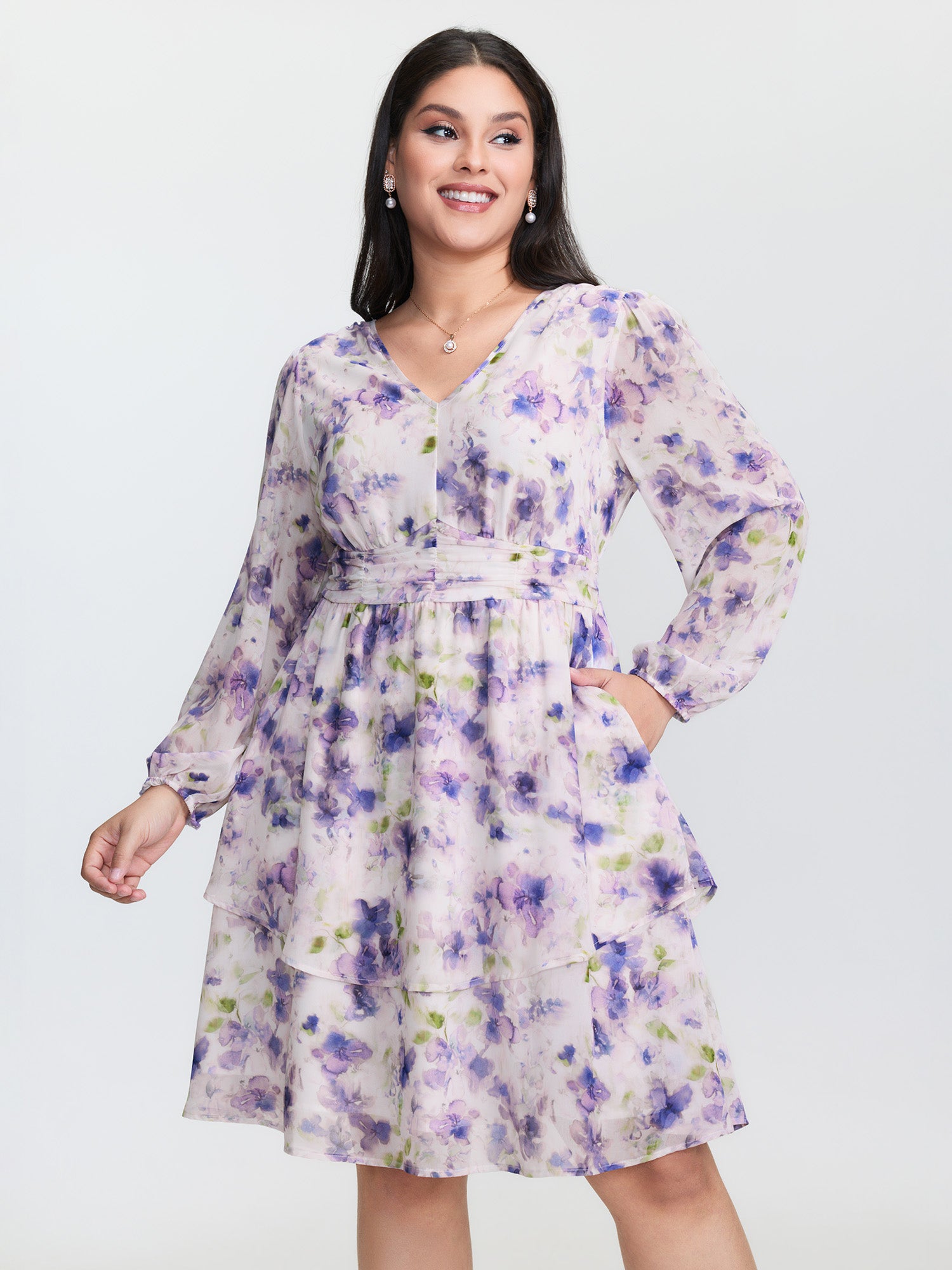 Artistic Floral Print Pleated Waist Mini Dress