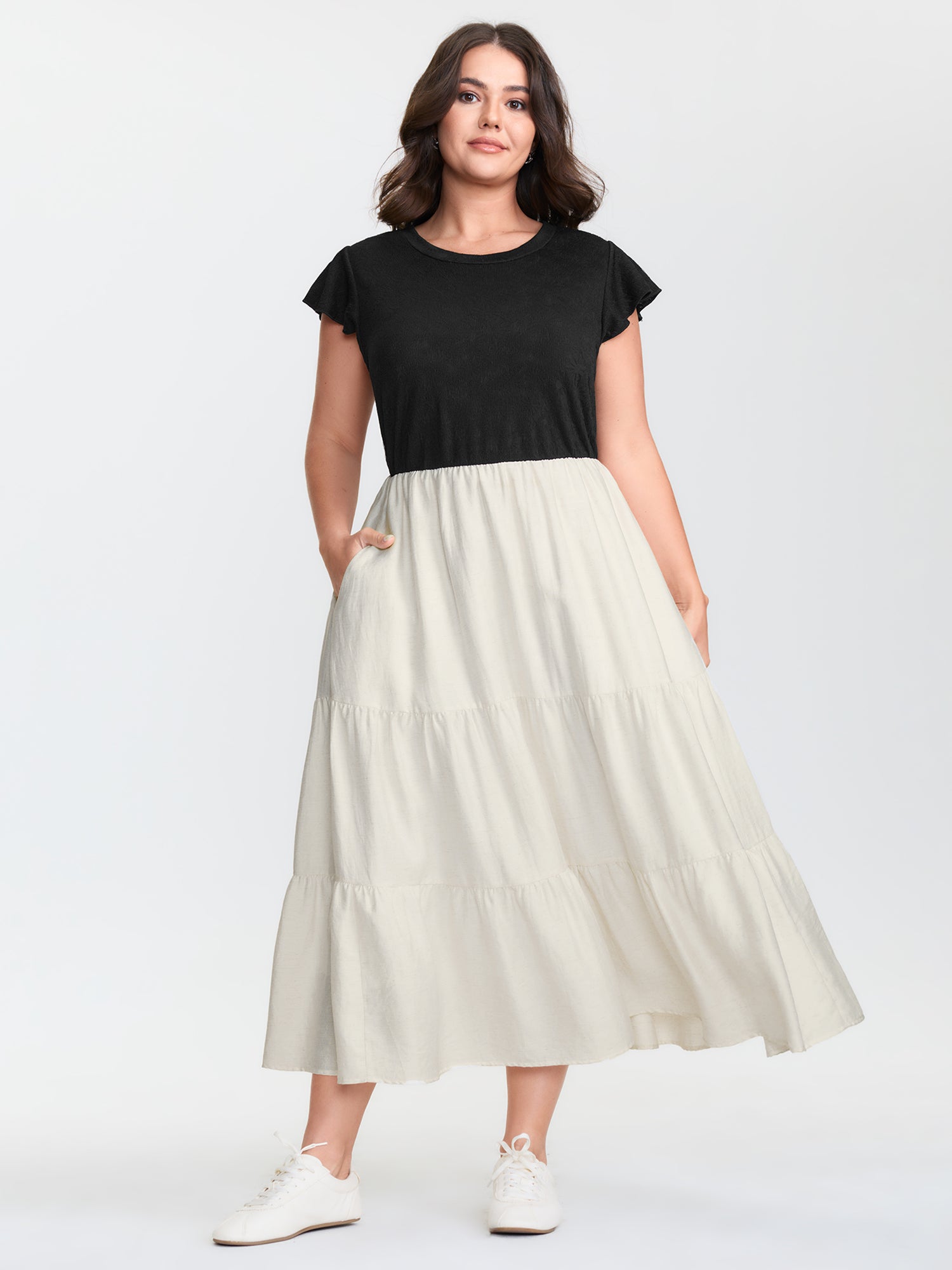 Textured Flutter Sleeve Tiered Midi Dress