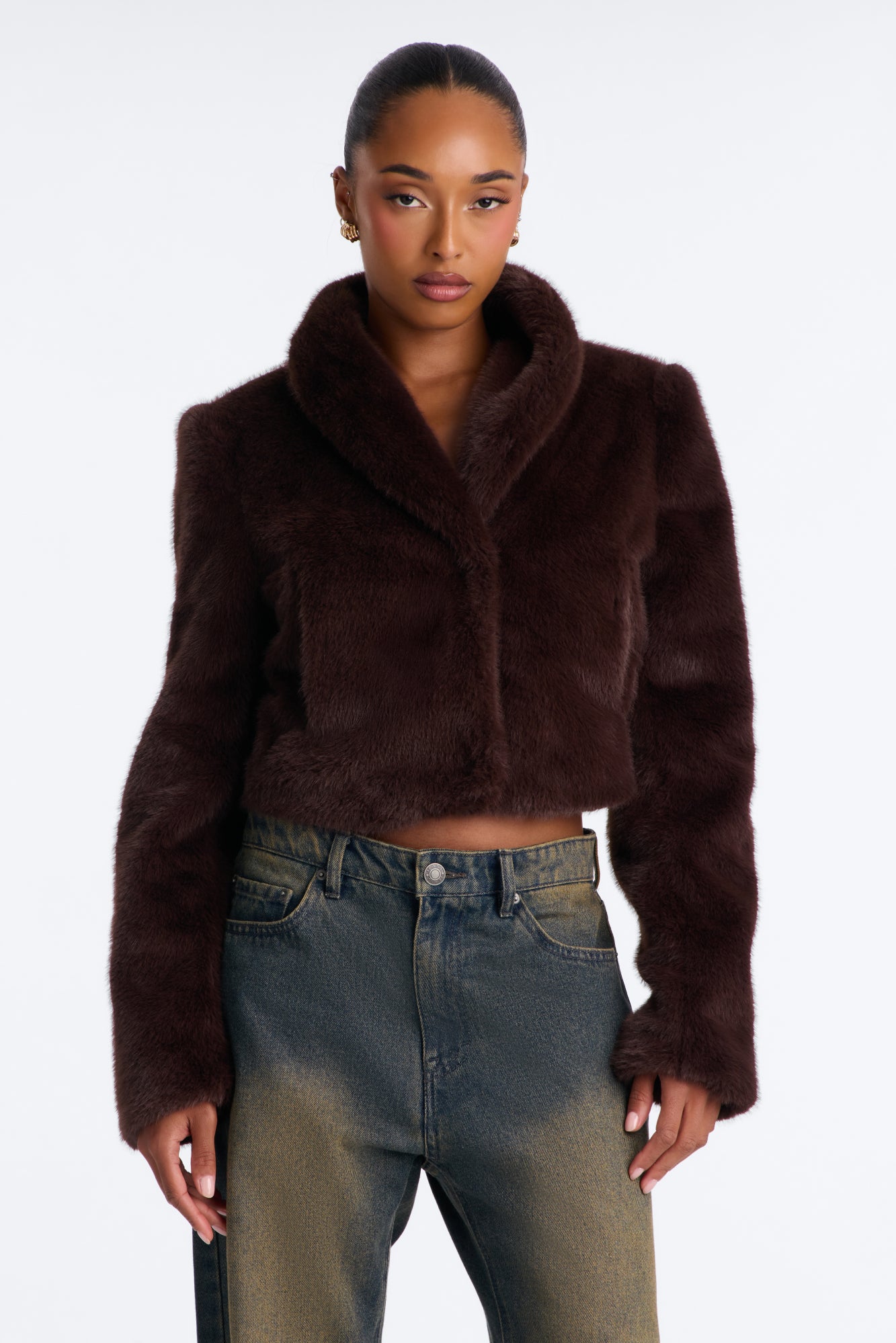 Catherine Faux Fur Stand Collar Cropped Coat - Brown
