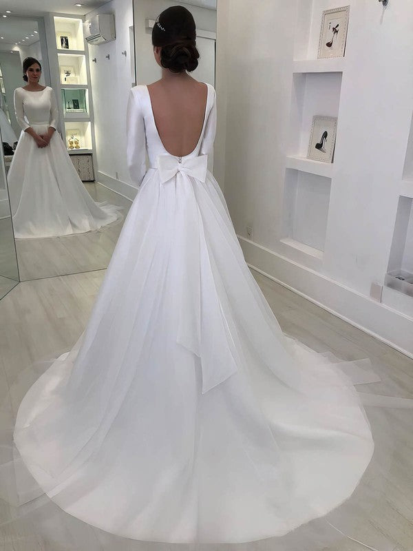 Gorgeous Backless Long Sleeves Satin Court Train Wedding Dresses with Bow